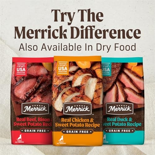 Canned Merrick Chunky Grain-Free Dog Food with real meat in a bowl, showcasing the wholesome, premium formula for dogs.