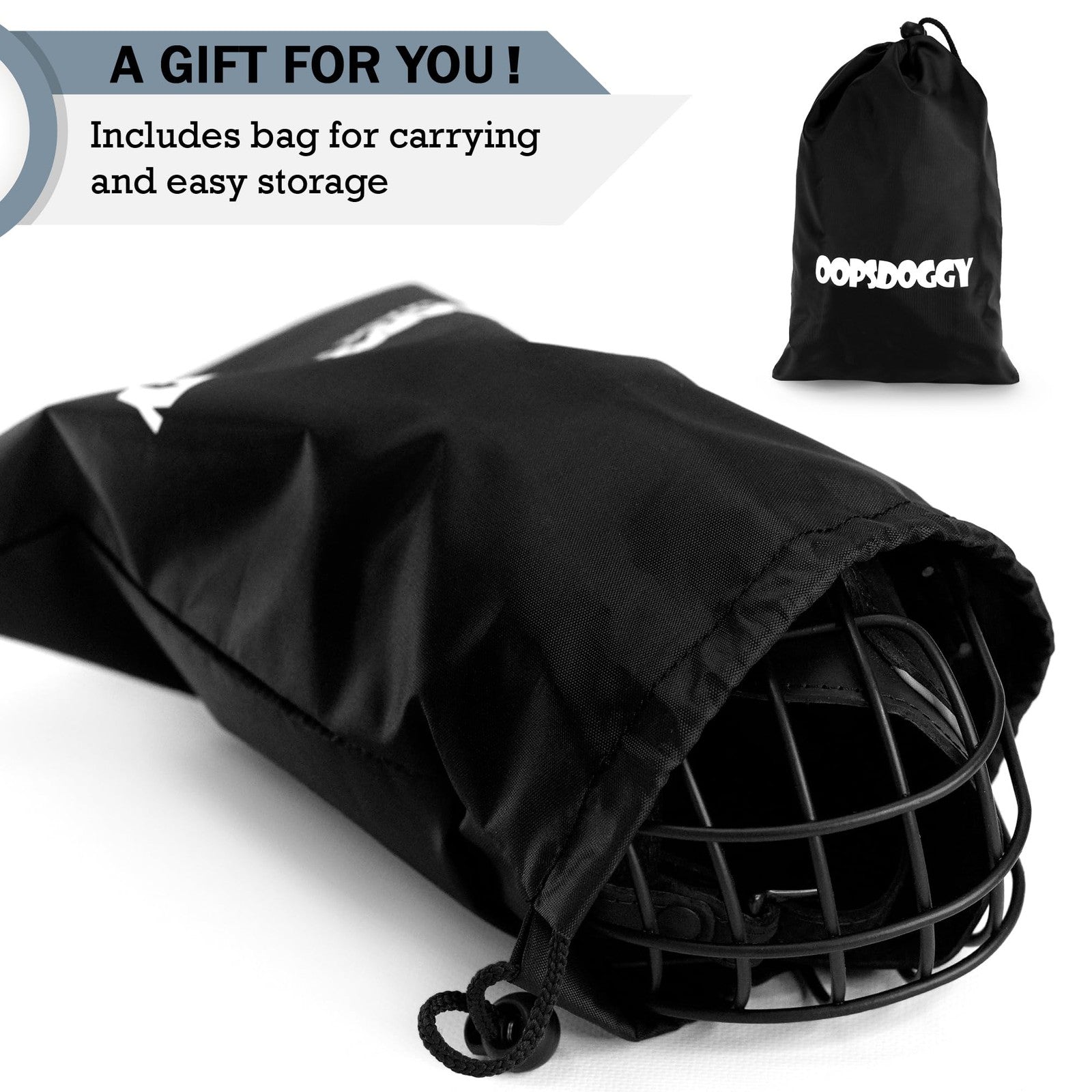 OOPSDOGGY metal Pitbull dog muzzle with reflective leather strap and secure wire basket design, visible on a dog.