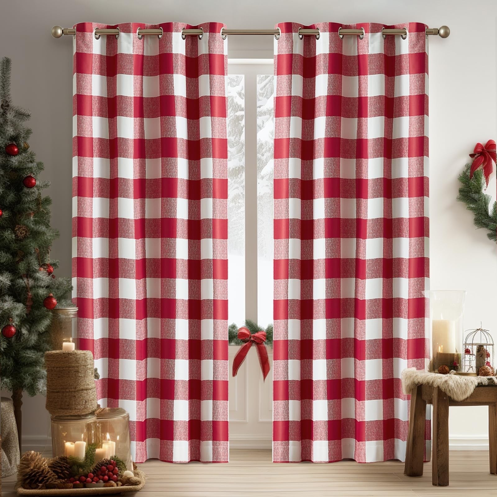 Melodieux Buffalo Check Plaid blackout curtains in black and white, 90-inch length, ideal for bedroom window coverage.