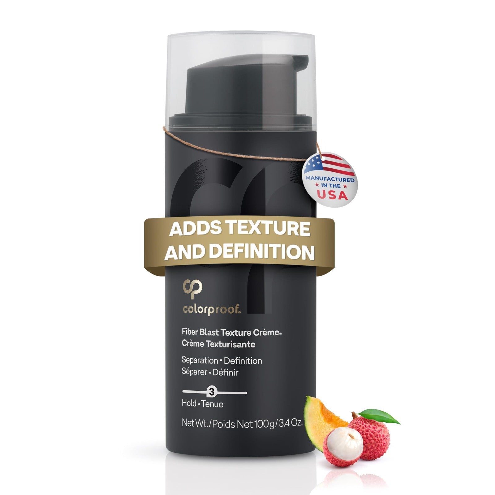 ColorProof Fiber Blast Texture Crème in 3.4oz tube, hydrating non-greasy formula with lychee and melon scent for textured hair styling.