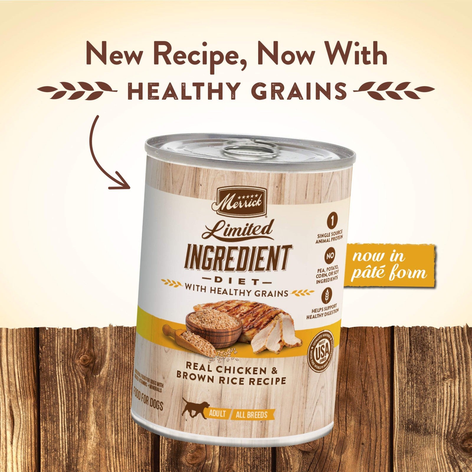 Canned Merrick Limited Ingredient Diet Healthy Grains dog food with chicken and brown rice, showing the wet food in a bowl