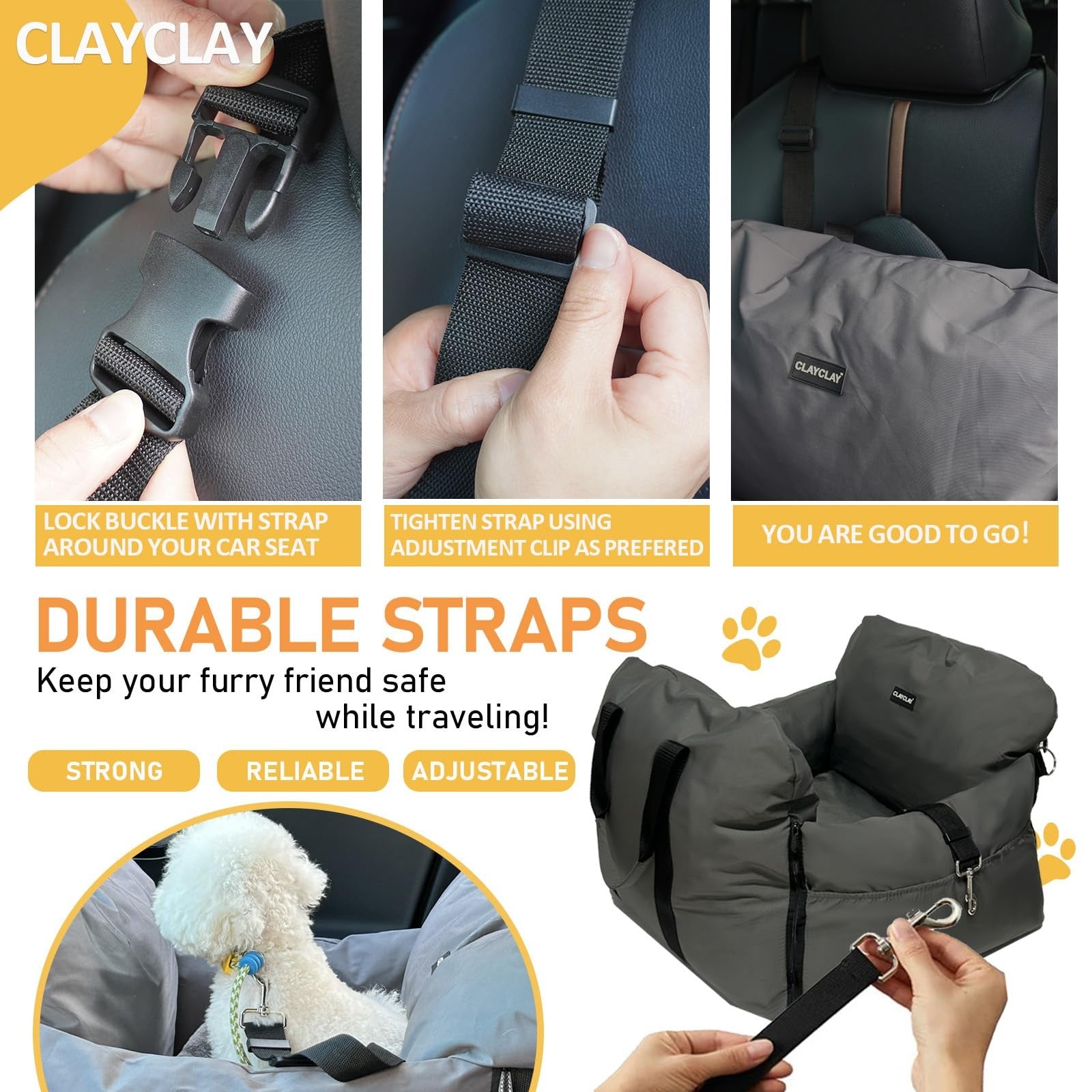 Waterproof CLAYCLAY dog car seat for small dogs with safety strap, portable booster seat in black fabric, secure and compact.