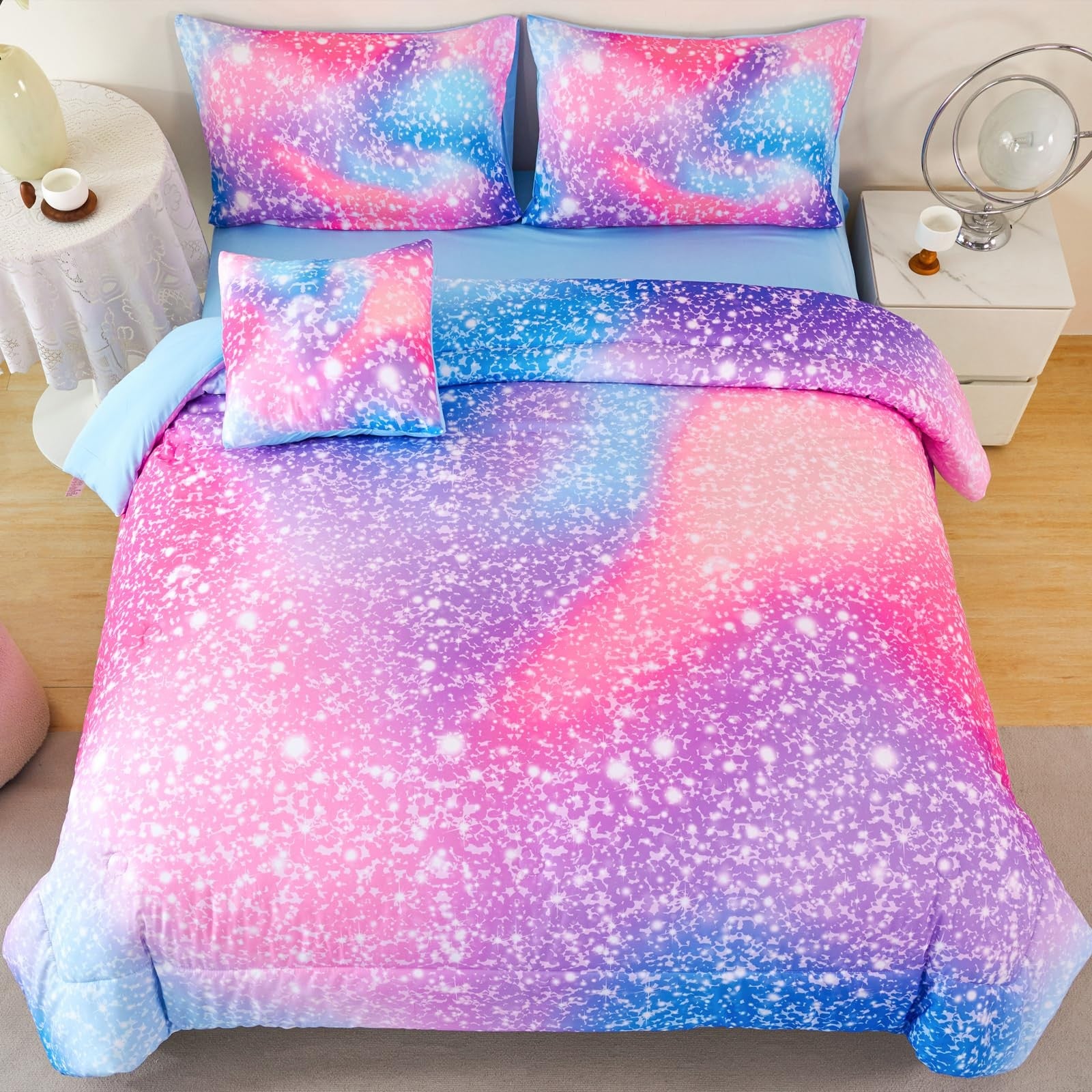 Colorful rainbow twin size girls bedding set by RYNGHIPY with comforter and matching pillowcases, ideal for kids’ bedroom decor.