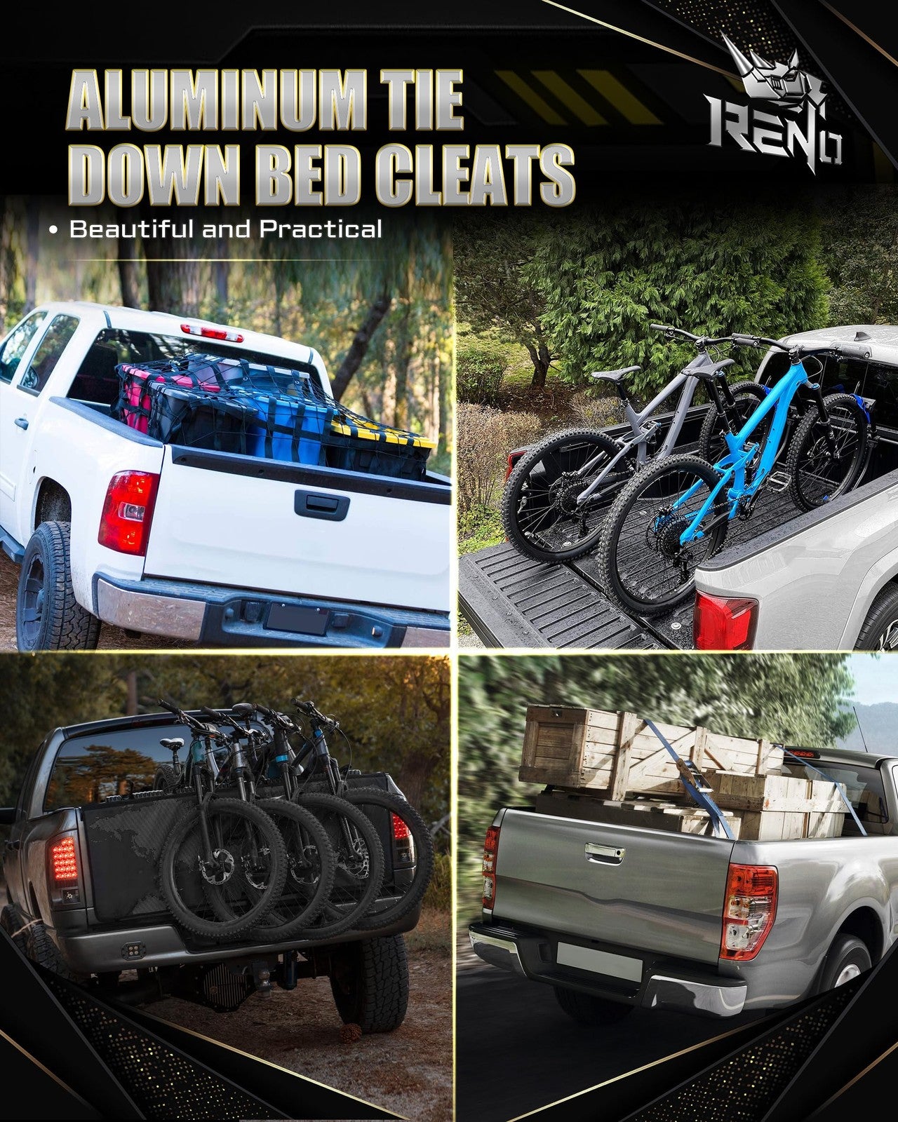RENO bed rail cleats and tie-down anchors attached to a cargo trailer bed for secure cargo management on Tacoma, Tundra, or Gladiator.