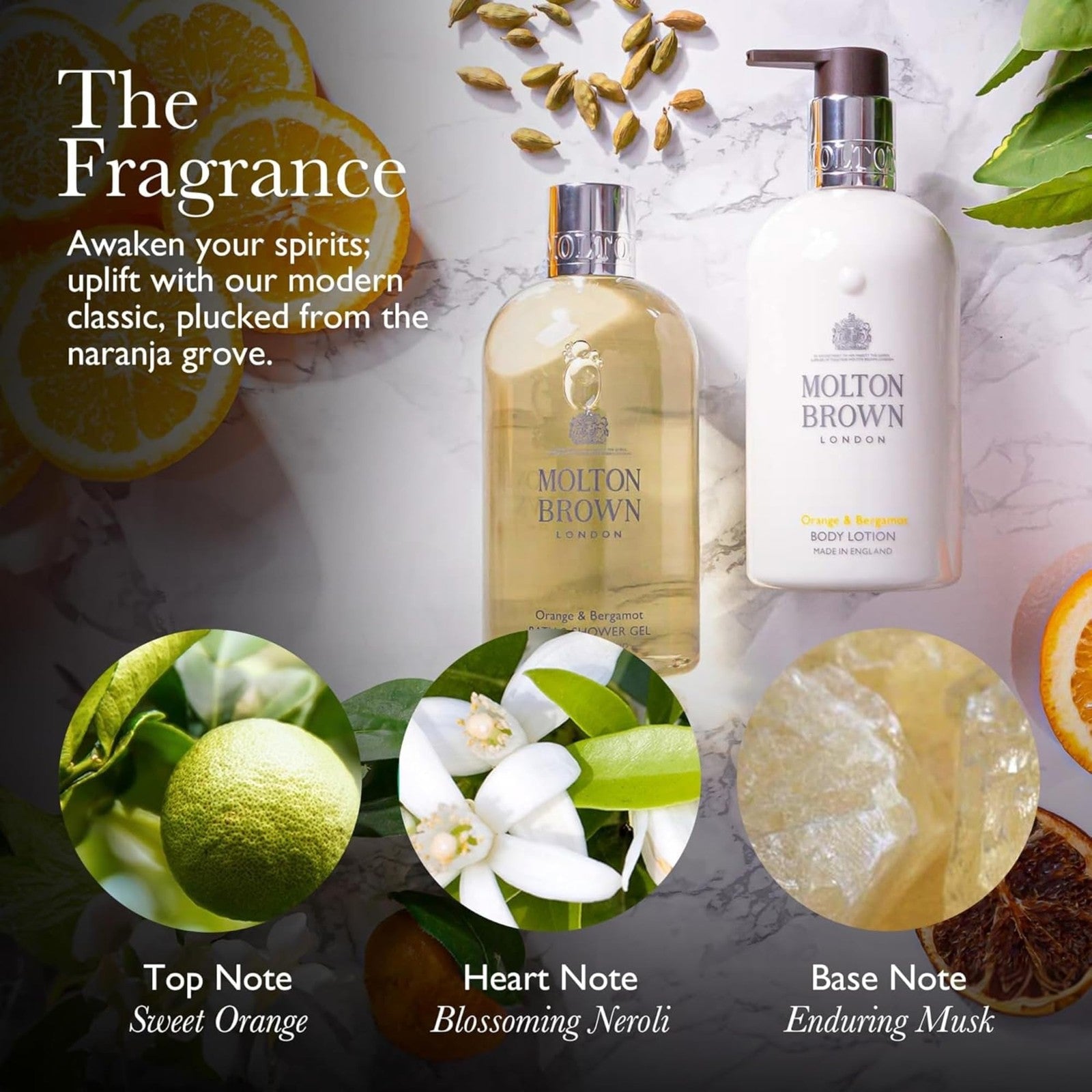 Molton Brown Orange & Bergamot Body Wash refill bottle, 13.5 fl oz, with orange and bergamot citrus scent and sleek packaging.