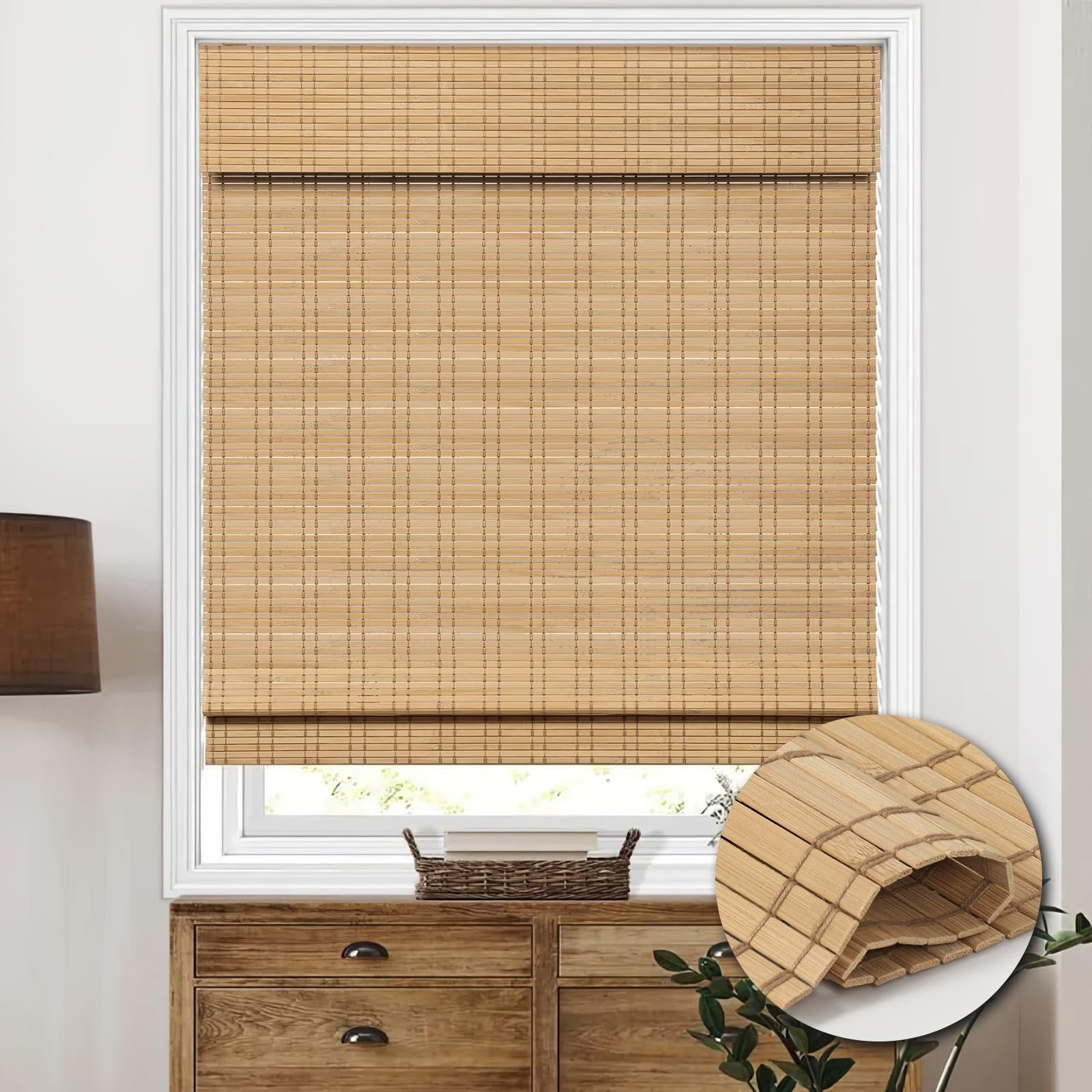 HIDODO cordless bamboo Roman shades with light filtering bamboo blinds for windows, showcasing natural woven texture and sleek design.