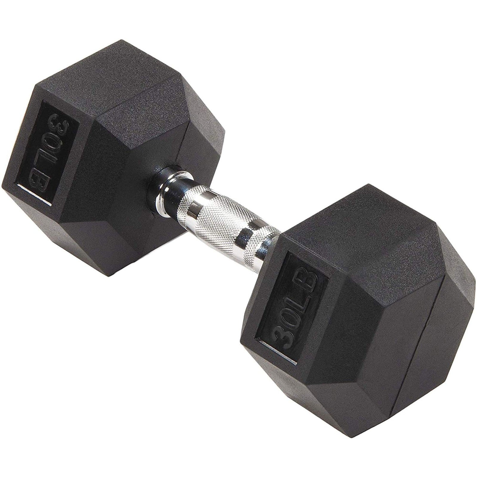 Black rubber-encased Hex Dumbbell by Fitvids, SPZ-Hex30S, showing the textured grip and weight markings on the hex-shaped head.