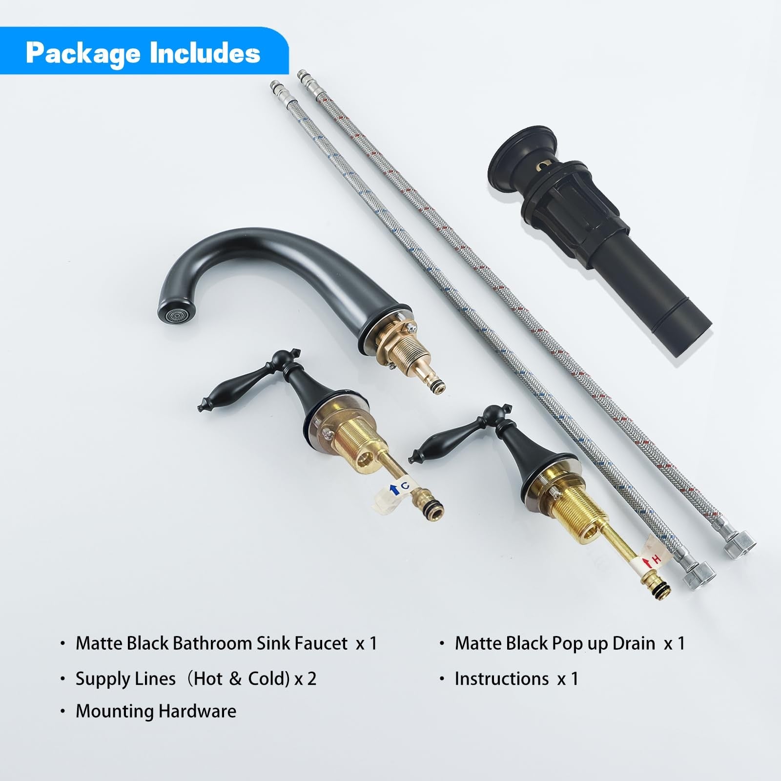 SaniteModar black brass bathroom sink faucet with widespread design, featuring modern faucet handles and sleek finish.