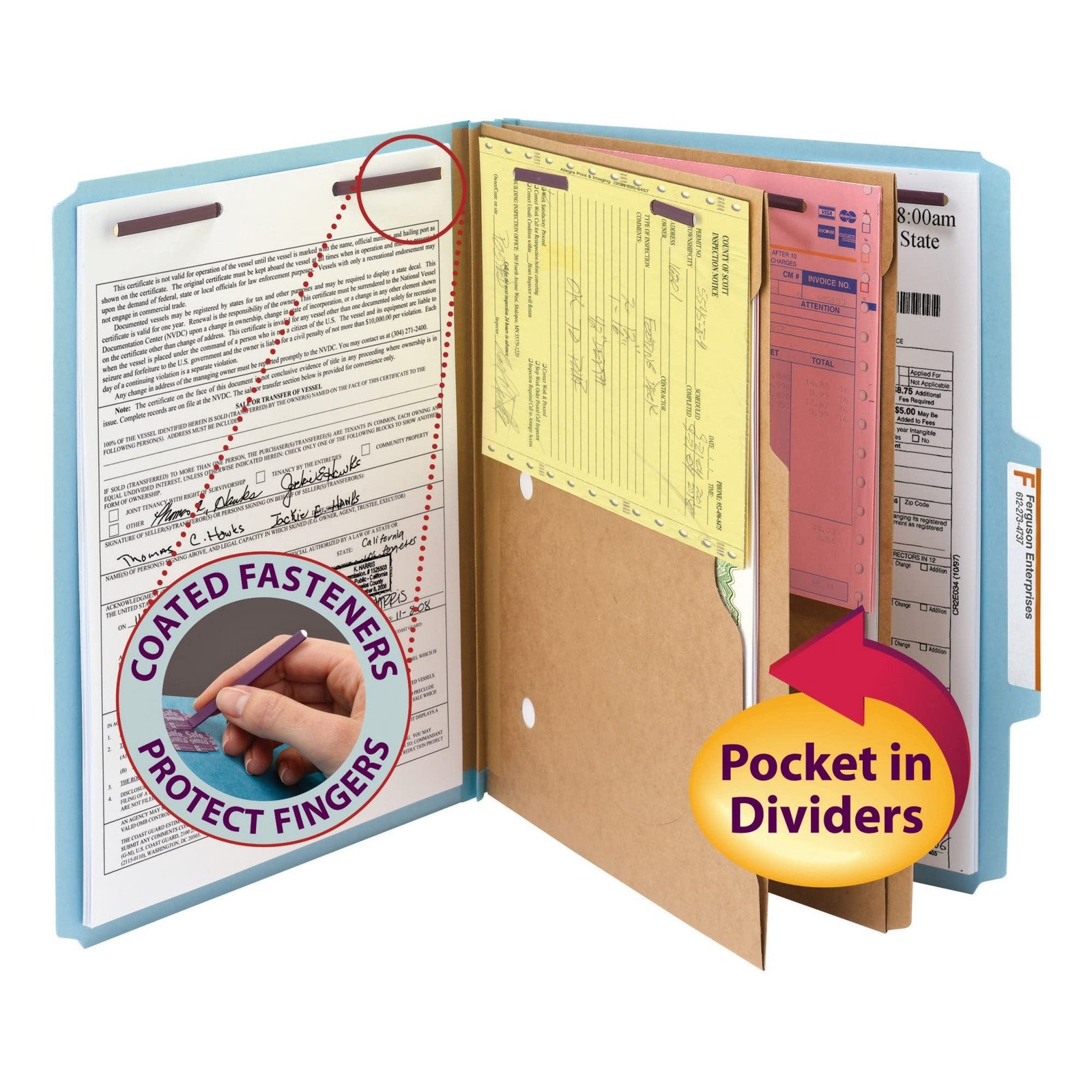 SMEAD Pressboard classification file folder with SafeSHIELD fasteners and two pockets for organizing documents.