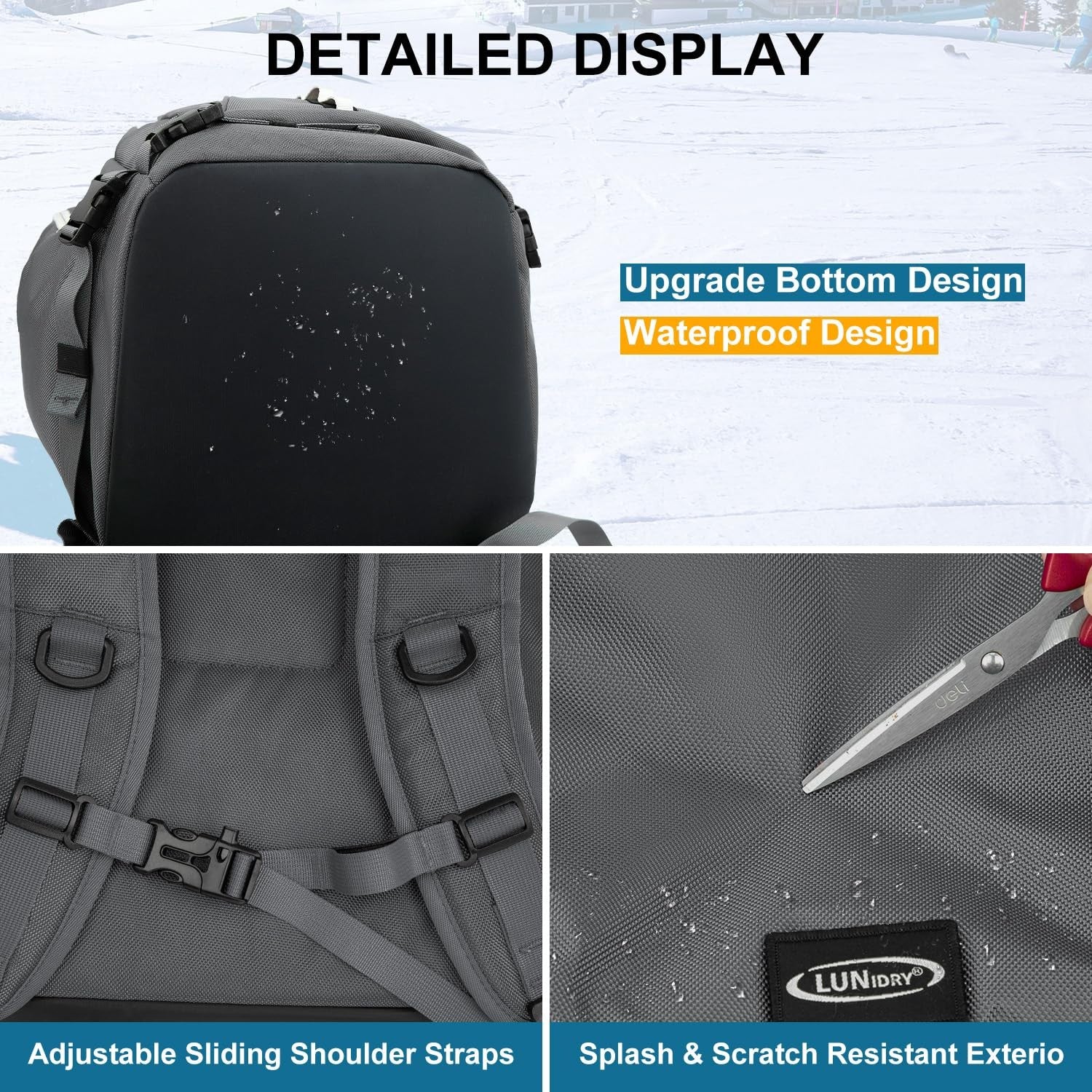Lunidry 65L waterproof ski and snowboard boot bag with shoulder straps, designed for travel and outdoor winter sports gear.