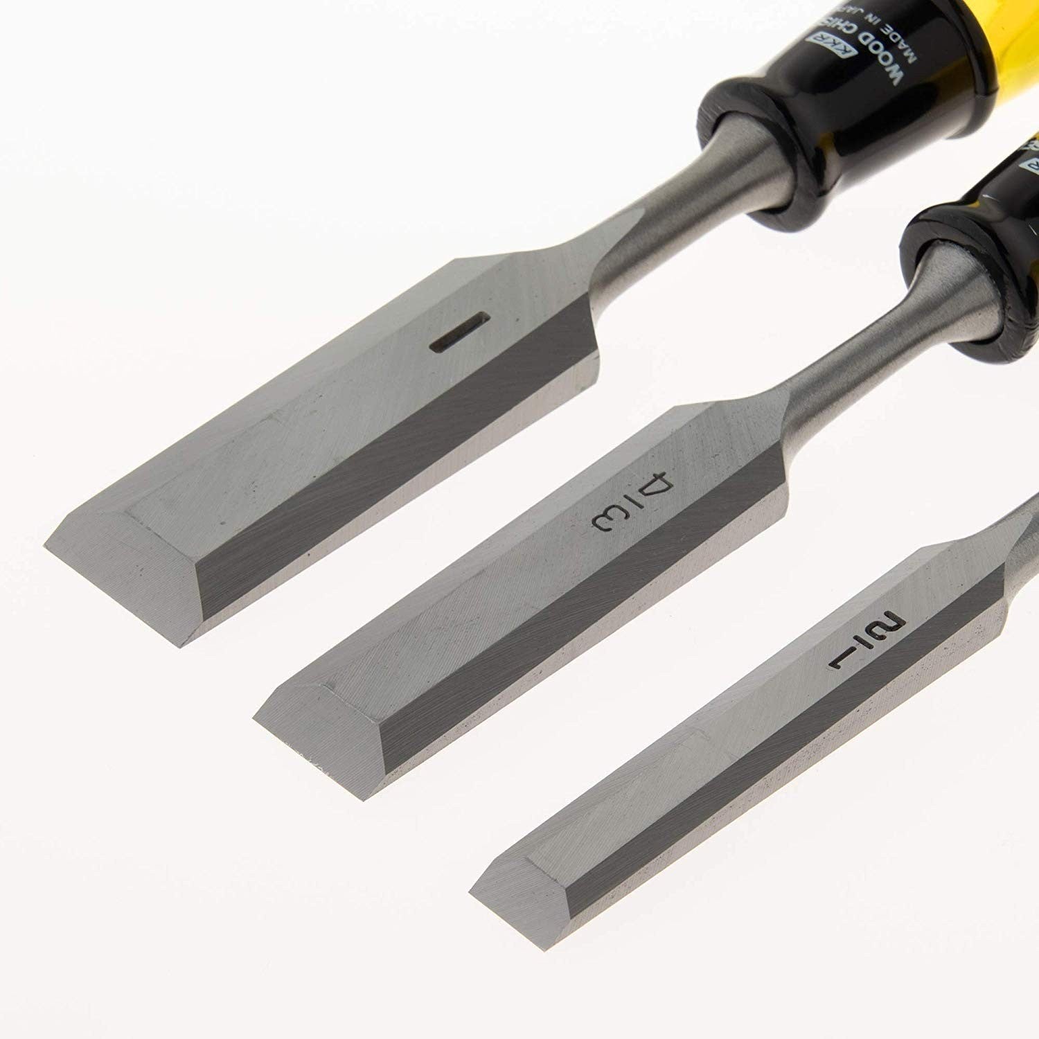 KAKURI heavy-duty wood chisel set with three sizes (1/2", 3/4", 1") showing polished blades and wooden handles for woodworking.