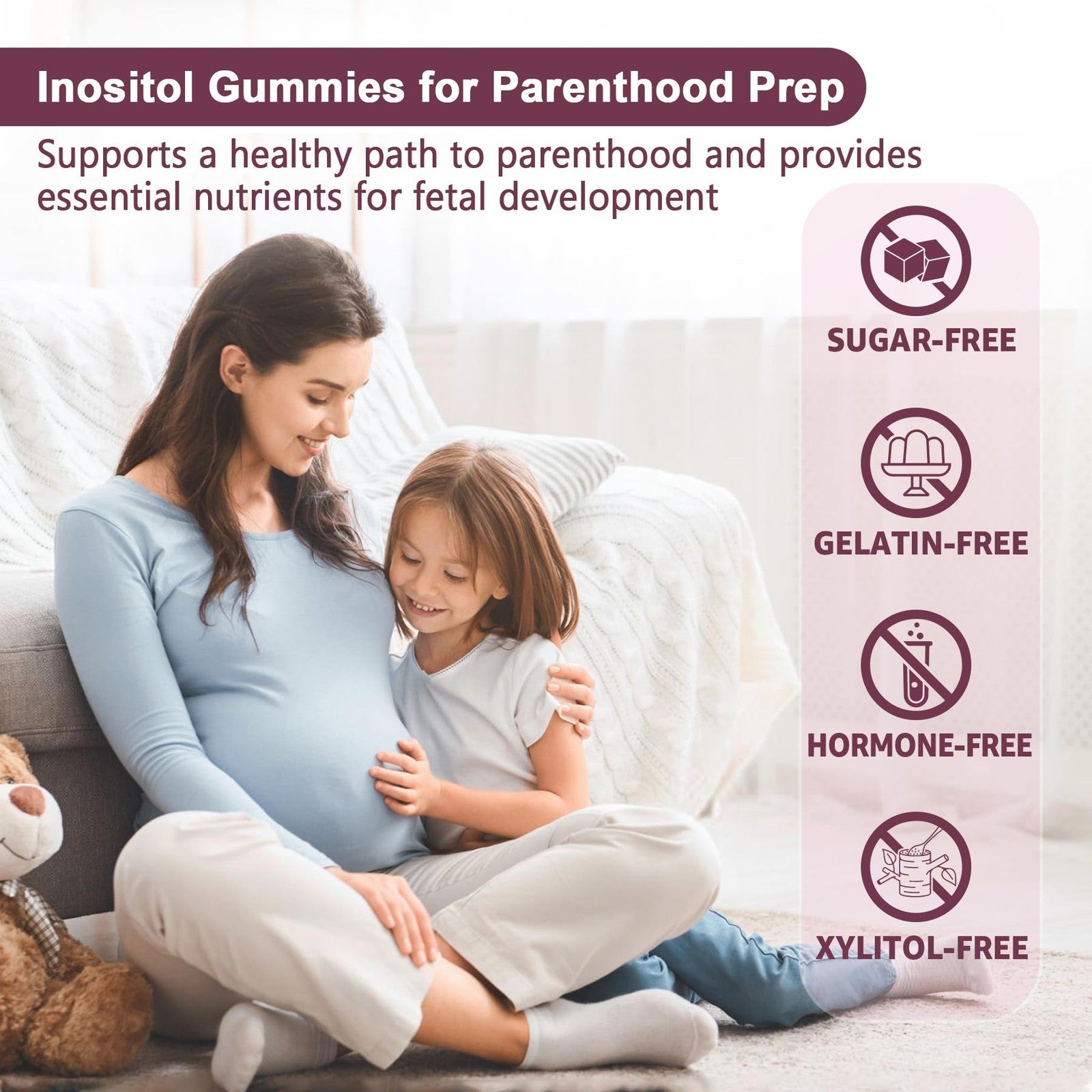NEVISS Myo-Inositol and D-Chiro Inositol gummies for women, 2000mg and 50mg, with 40:1 ratio, in a bottle with gummies visible.