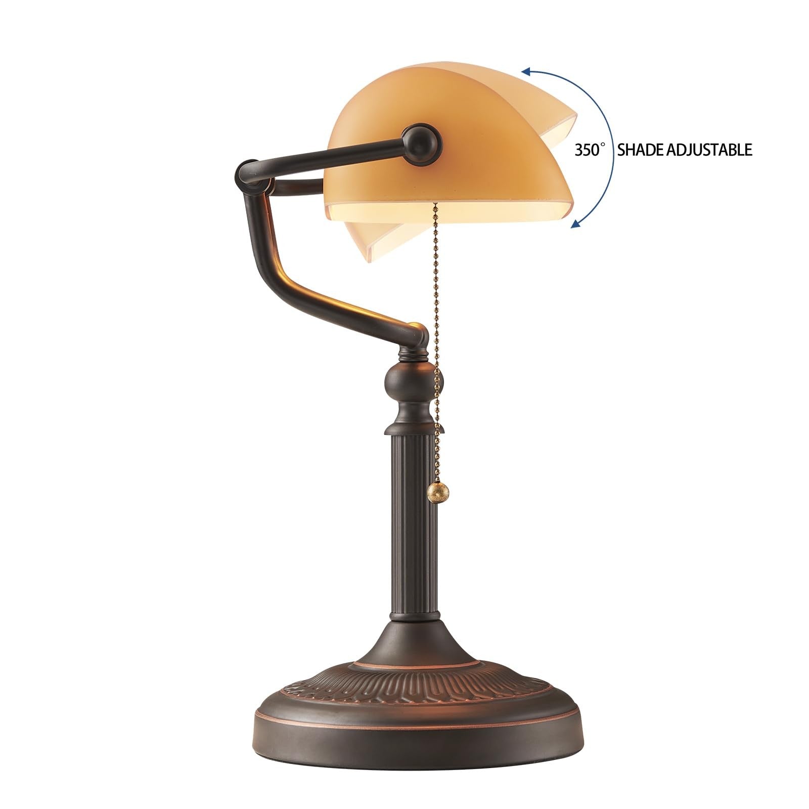 Newrays orange glass bankers desk lamp with pull chain switch and plug-in fixture, featuring a matte finish and vintage style.