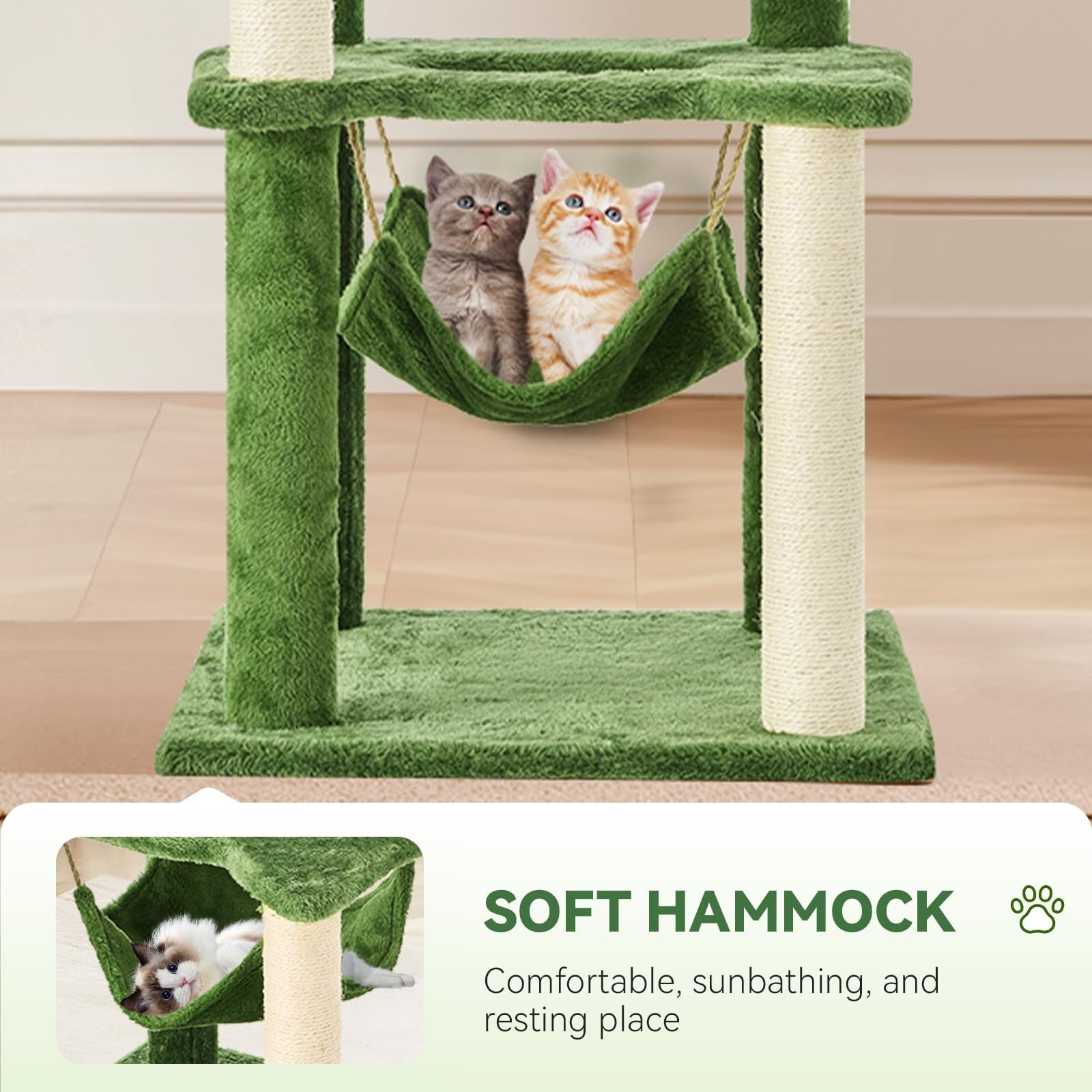 TSCOMON 61-inch multi-level cat tree with green leaf accents, featuring multiple platforms and a cozy hammock for cats.