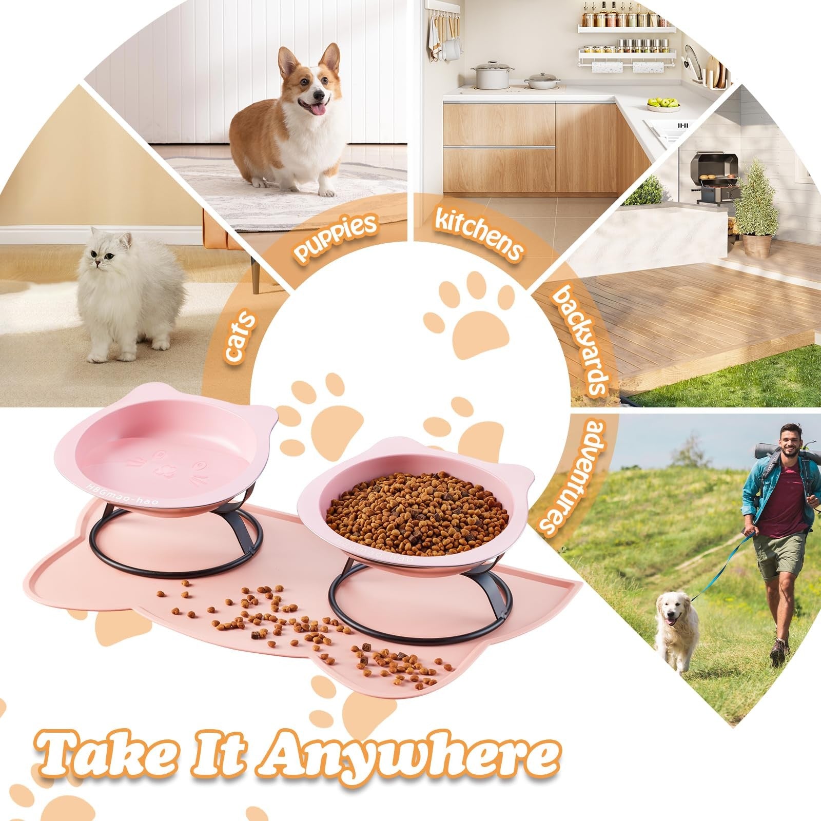 Elevated stainless steel cat bowls with food mat and metal stand by HBGmao-hao, 7.1 inches wide for comfortable feeding.
