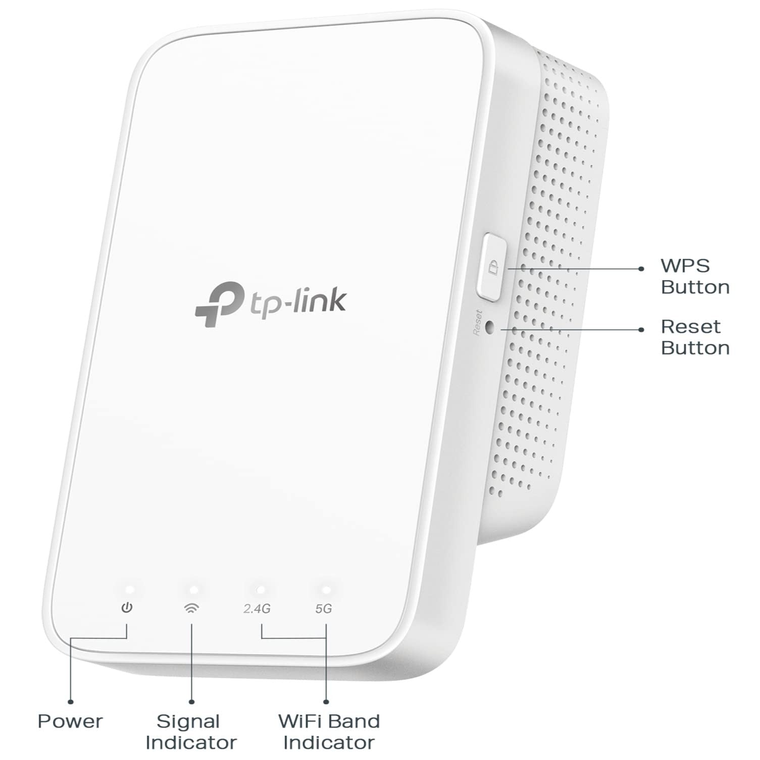 TP-Link AC1200 WiFi Extender (RE300) showing the device plugged into a wall outlet with WiFi signal indicator.