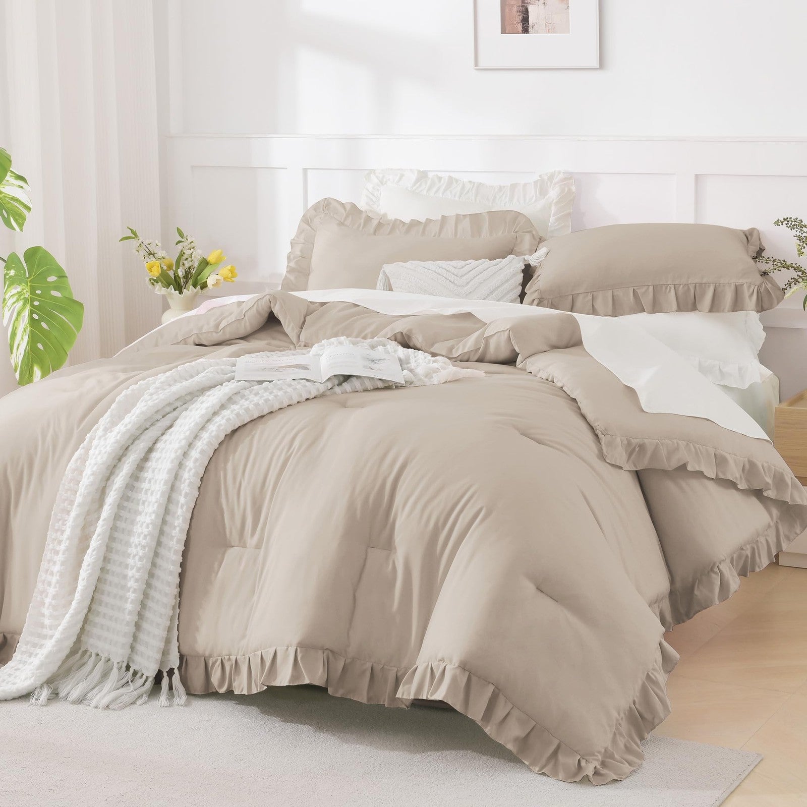 Andency khaki full size comforter set with farmhouse shabby chic ruffle design, includes three pieces showing cozy, textured bedding.