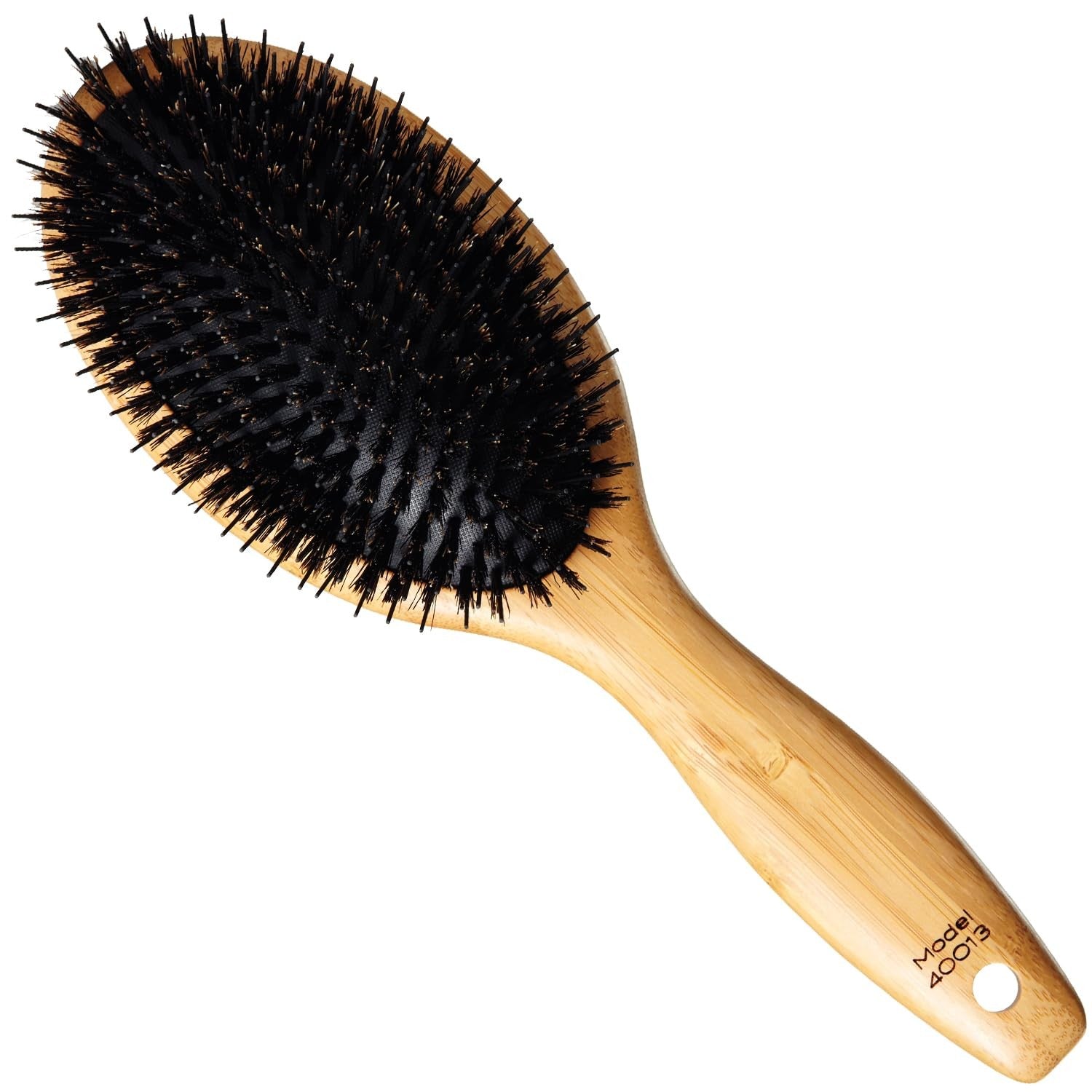 Sam Villa Signature Series boar bristle hair brush for styling, featuring natural bristles and ergonomic handle for smooth hair grooming.