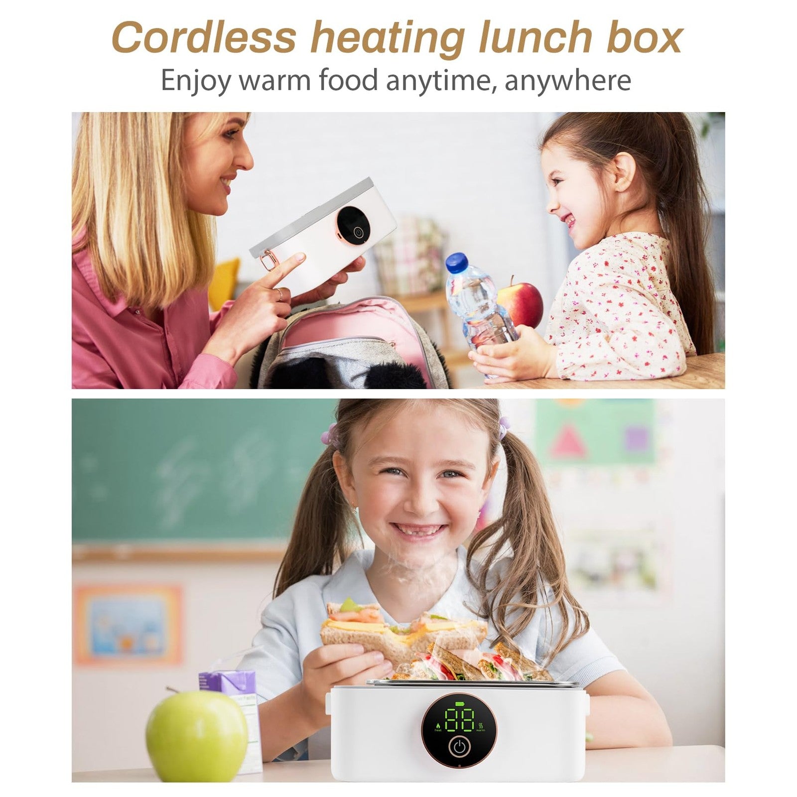 Iridesc self-heating lunch box with 1L capacity, battery-powered electric lunch box with automatic heating function.