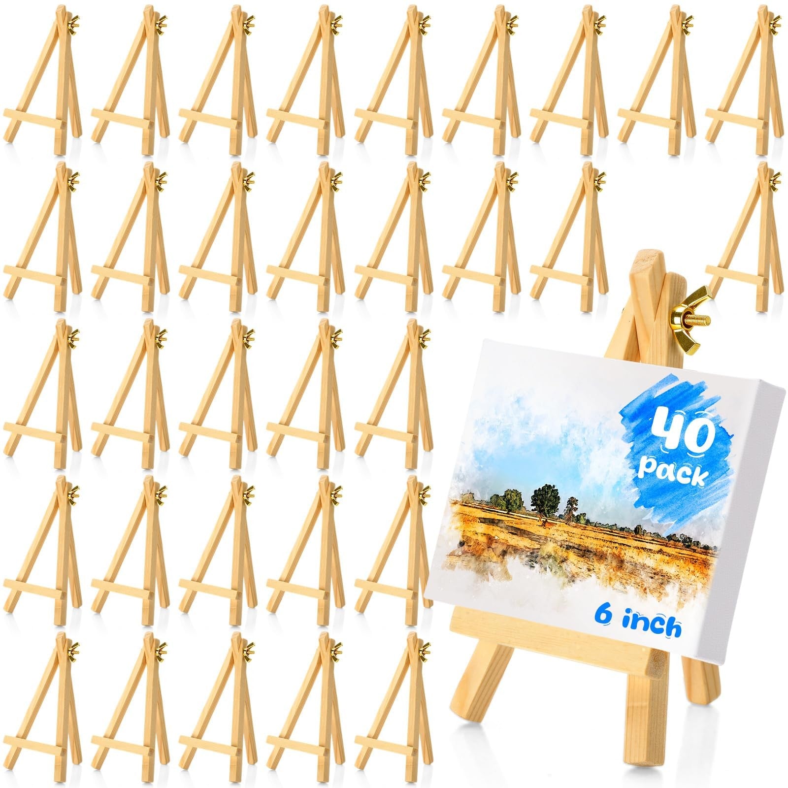 Set of ten Thenshop 6-inch natural wooden mini easel stands for art displays and crafts, arranged on a flat surface.