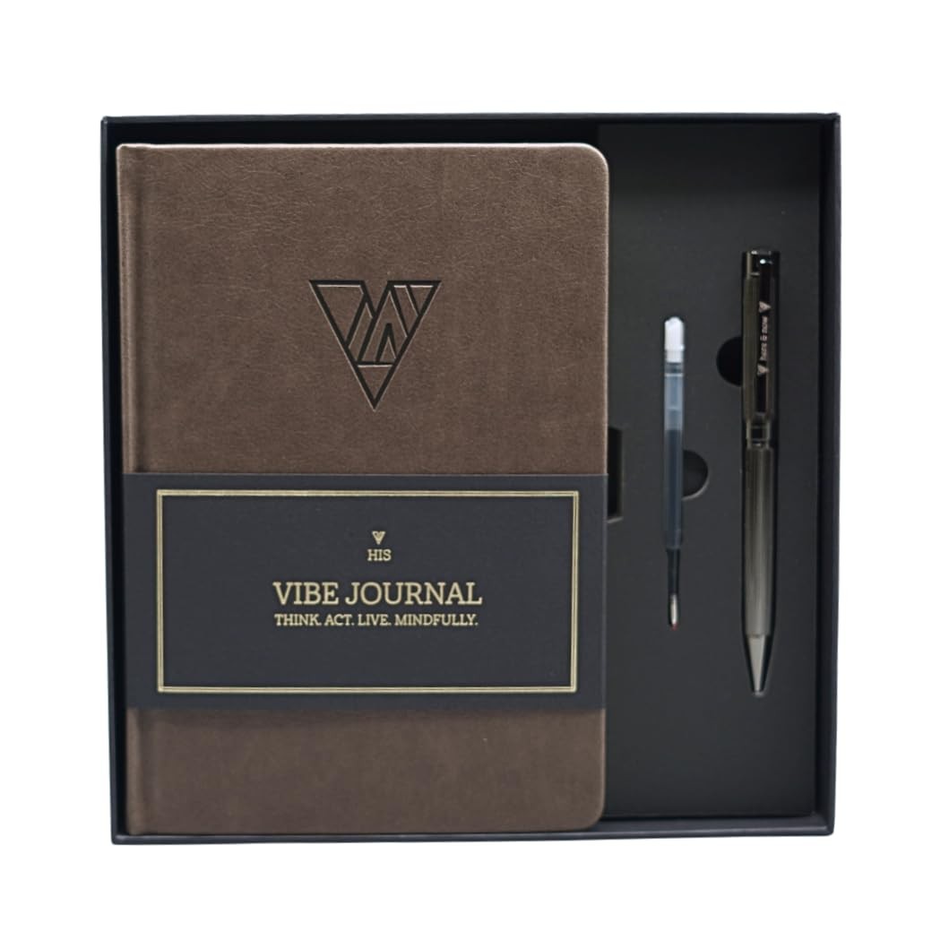 Simply Zen His Vibe Journal and Pen Gift Set featuring a 13-week guided mindfulness journal for men, shown with the journal and pen on a desk.