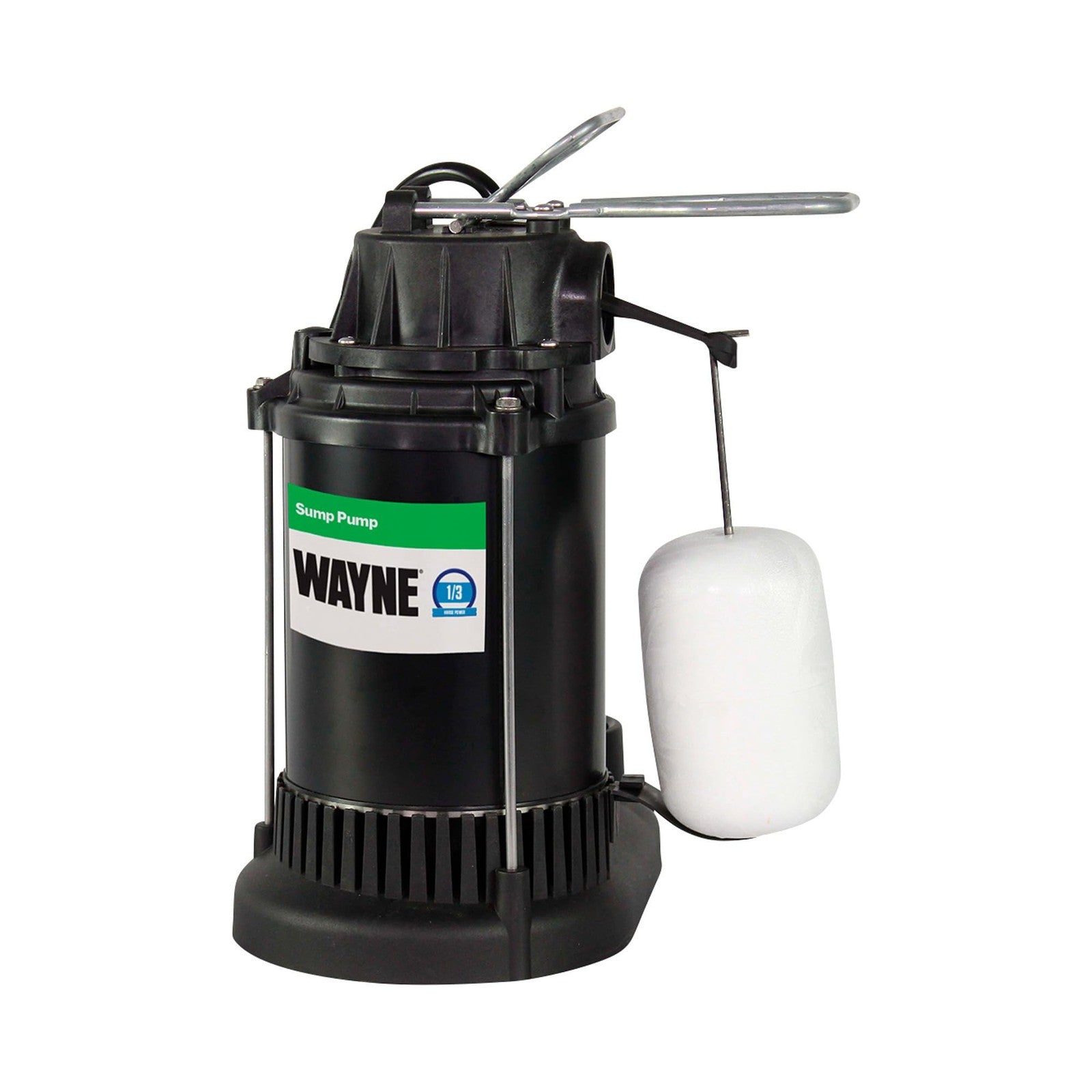 Wayne SPF33-1/3 HP steel thermoplastic submersible sump pump with 3750 GPH capacity, shown in a durable industrial setting