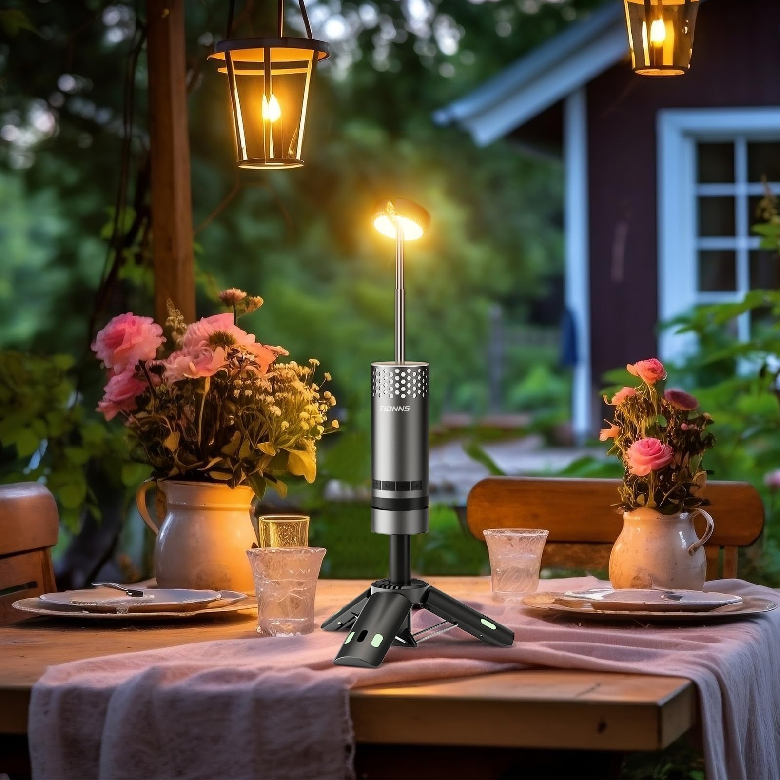 TIDNNS rechargeable camping lantern with detachable stand, waterproof outdoor light, and portable design for camping and outdoor activities.