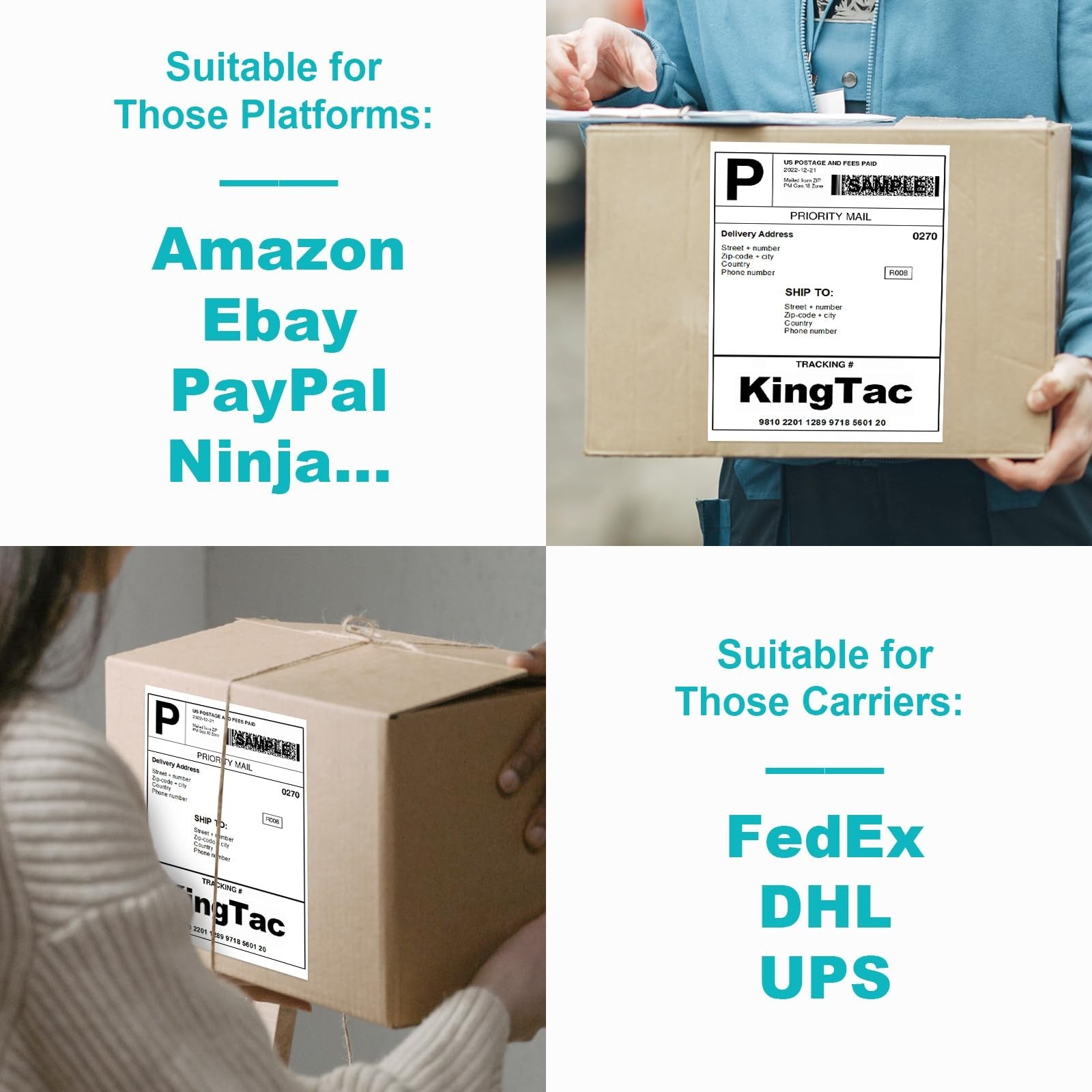 Kingtac 500 A4 full-page shipping labels for laser and inkjet printers, standard 8.5 x 11 inch label sheets.