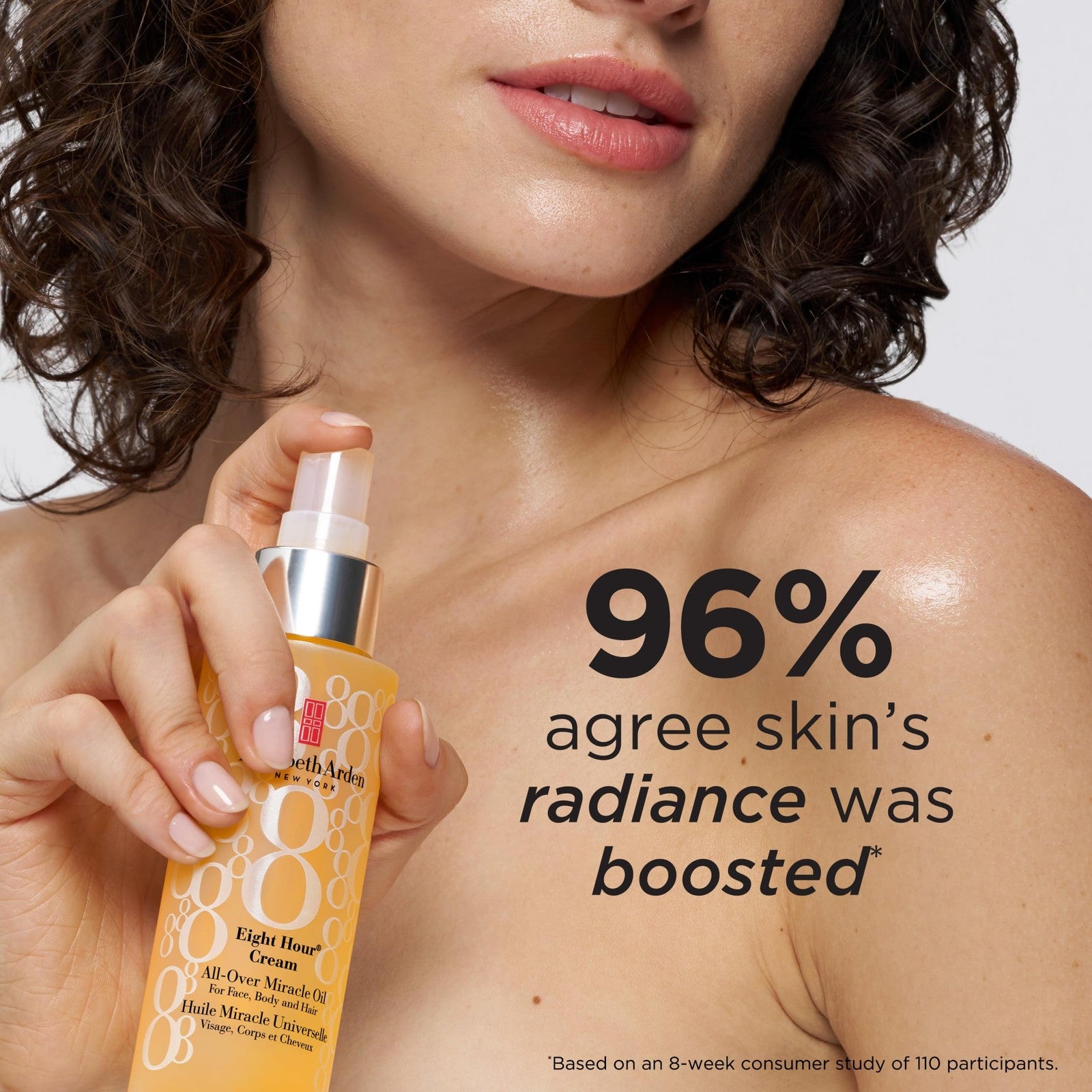 Elizabeth Arden Eight Hour All-Over Miracle Oil bottle with pump dispenser, showing the hydrating face, body, and hair moisturizer.