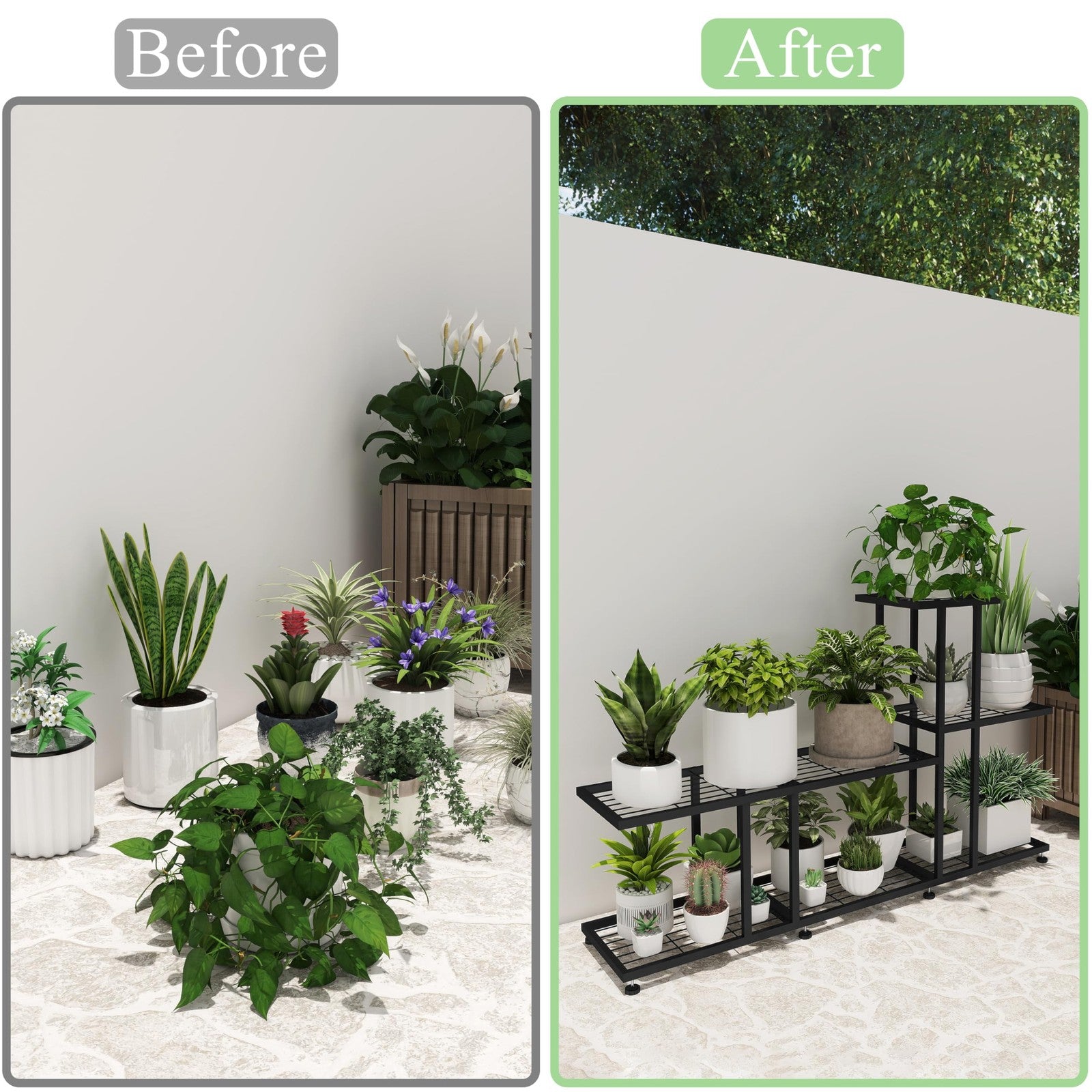 Black metal corner plant stand by HusDream, ideal for indoor or outdoor patio, designed to hold potted plants in corners.