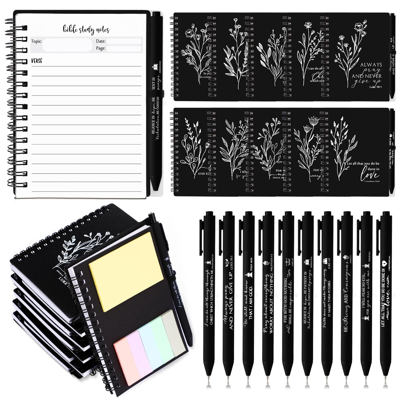 Resurhang 40-piece Christian gift Bible study notebook set with notes and a Christian pen, displayed with notebooks and pen.