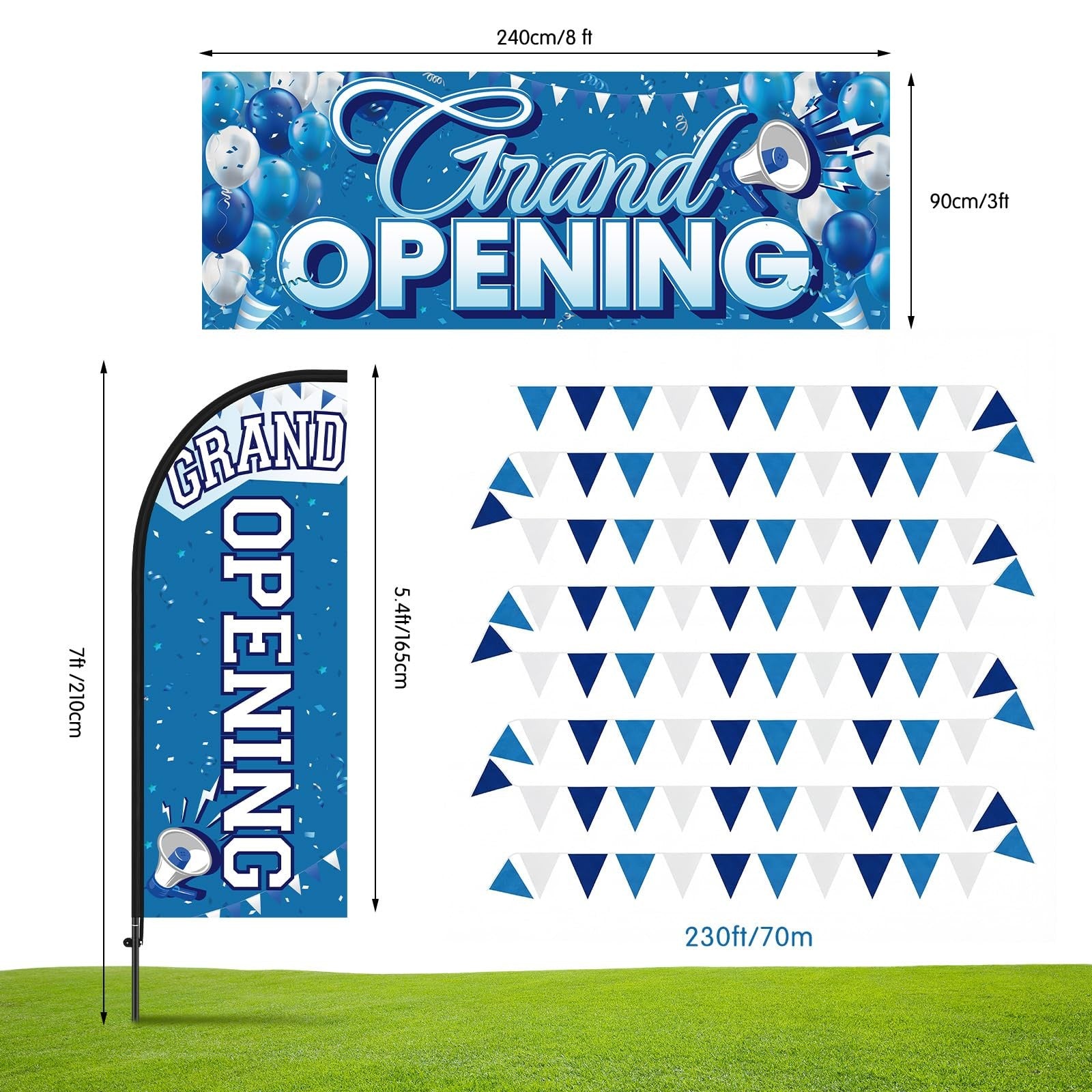 Fanfanwin 7 ft blue-white grand opening feather flag for business promotion with vibrant colors and branded design.