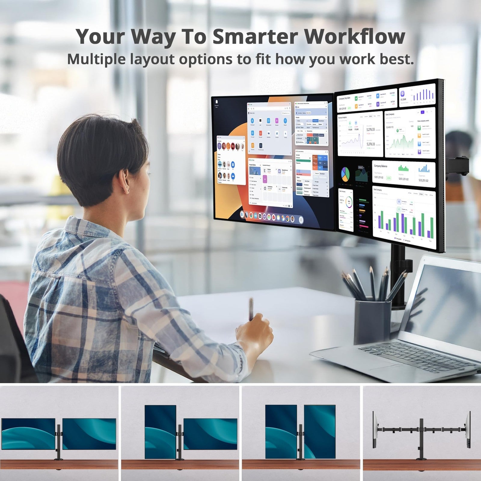 SIIG dual 32-inch articulating monitor arm in black holding two VESA-compatible screens, adjustable for ergonomic viewing.
