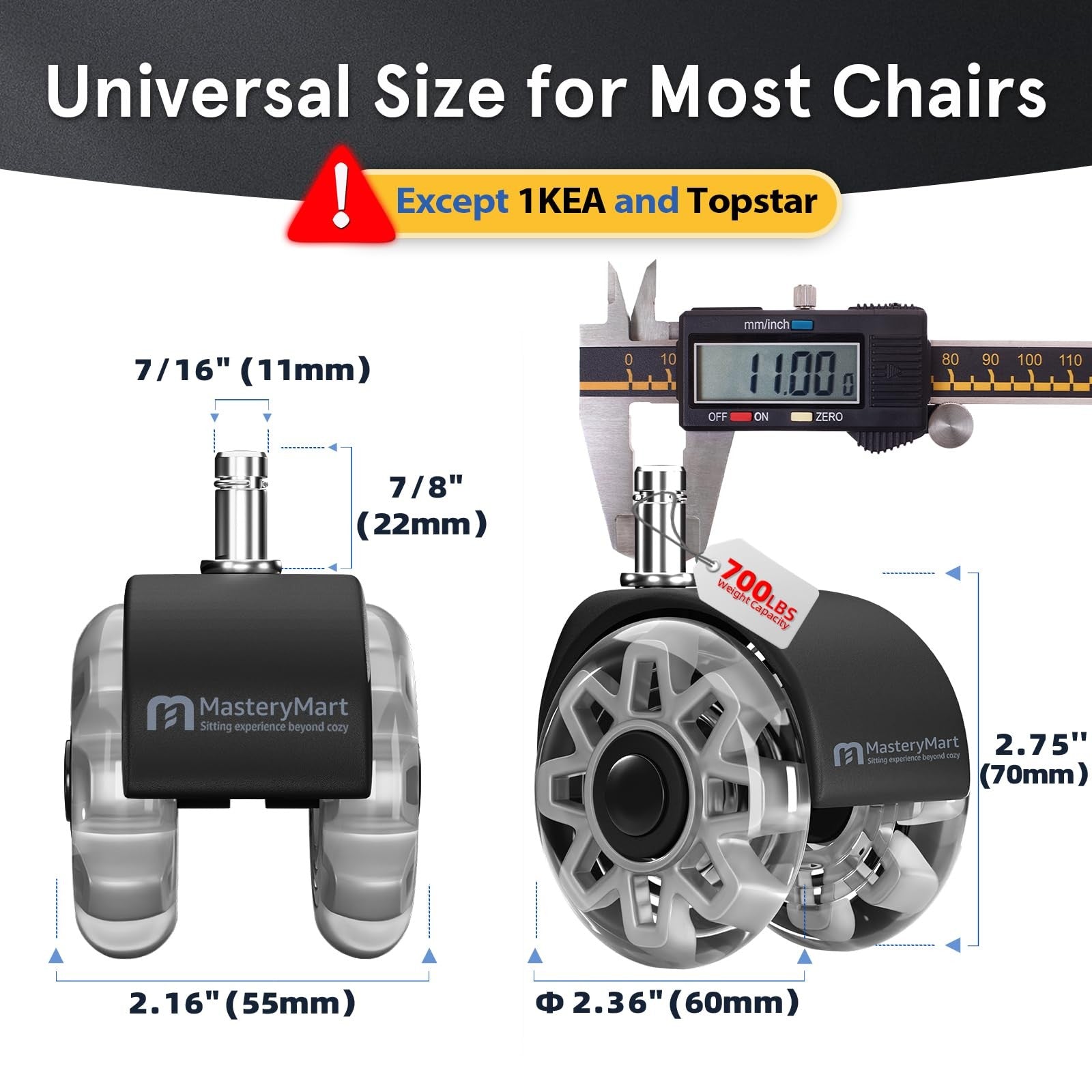 Heavy duty 2.5-inch office chair wheels replacement set by MASTERY MART, designed for smooth movement on carpet.
