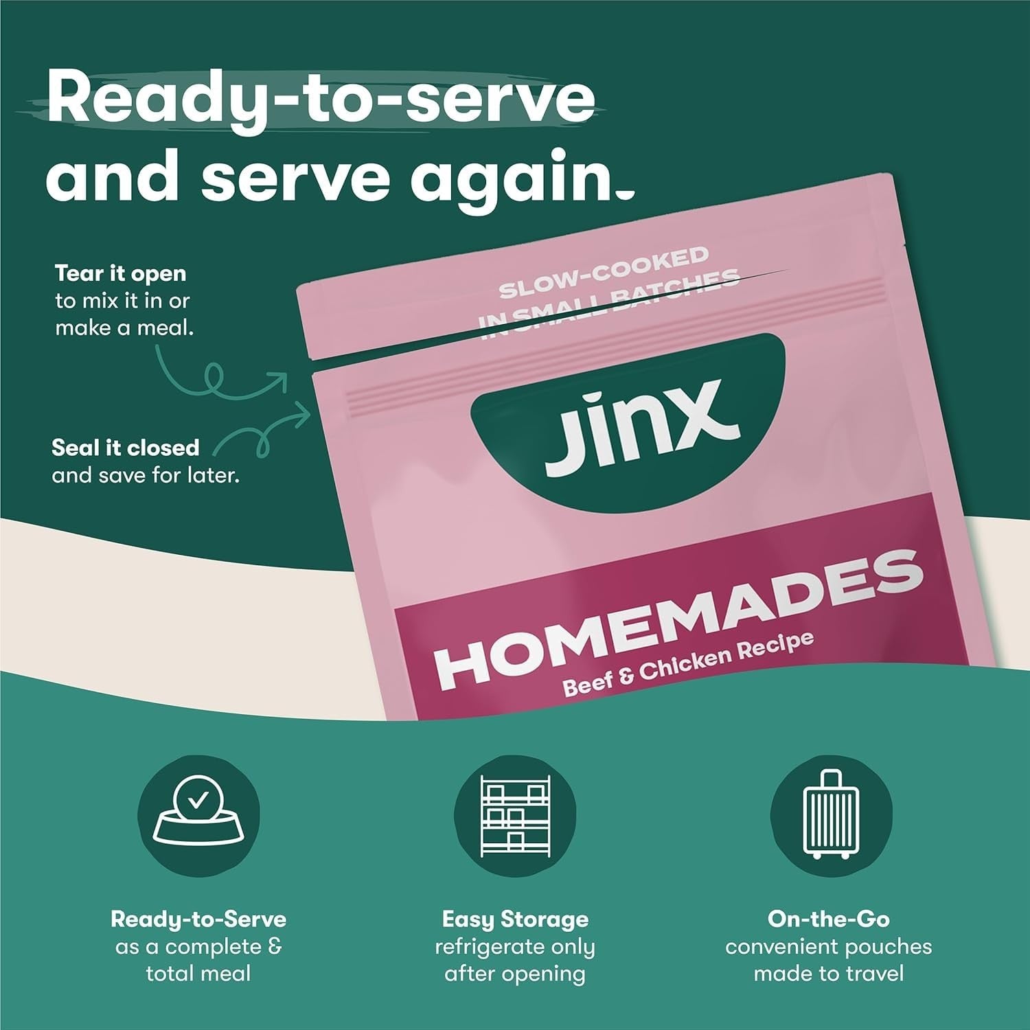 Jinx Wet Dog Food Topper Bundle with 9oz Chicken Homemades and 9oz Beef Homemades for dogs, shown in their packaging.