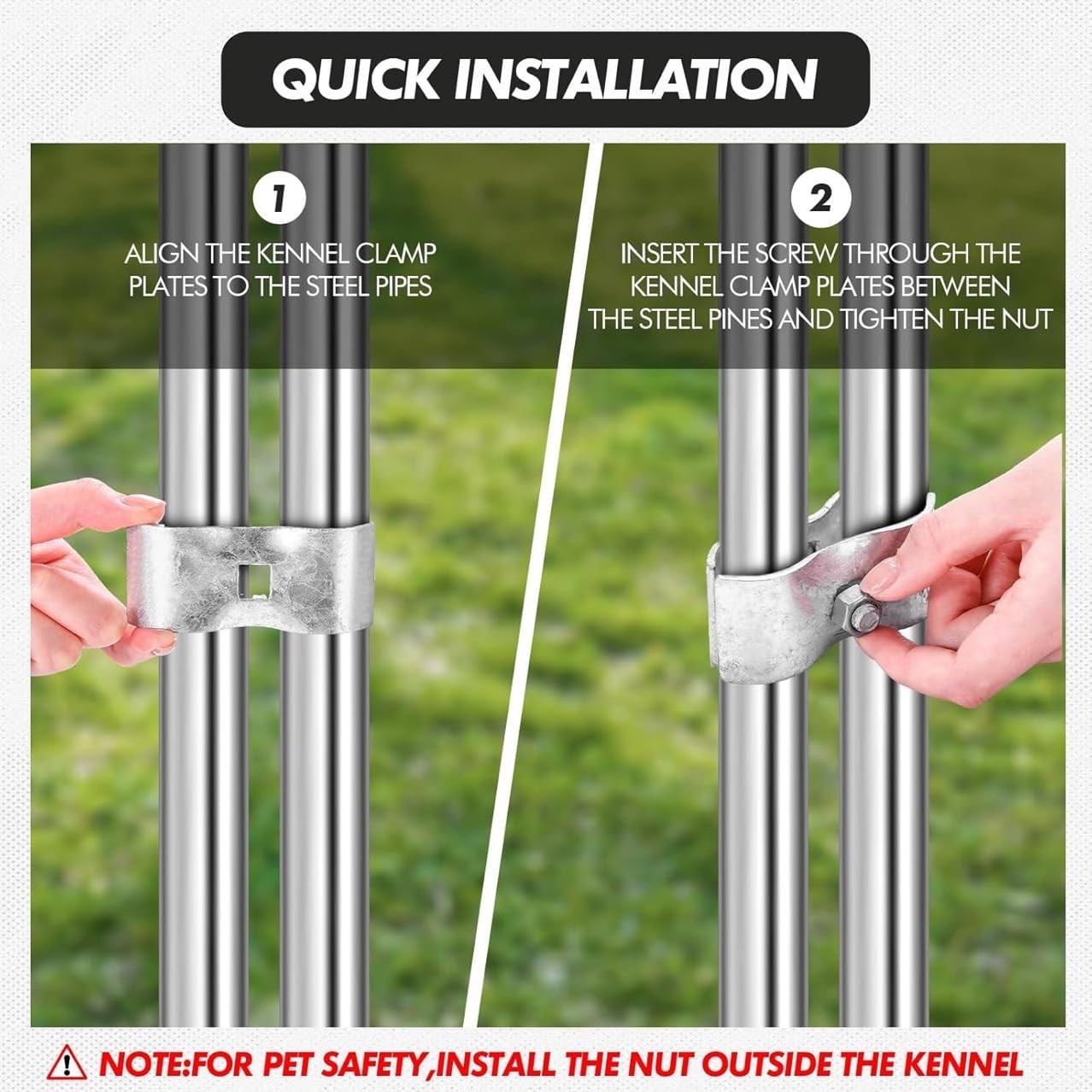 Set of 18 galvanized chain link fence panel clamps for dog kennels, featuring 1-3/8 inch size and durable construction.