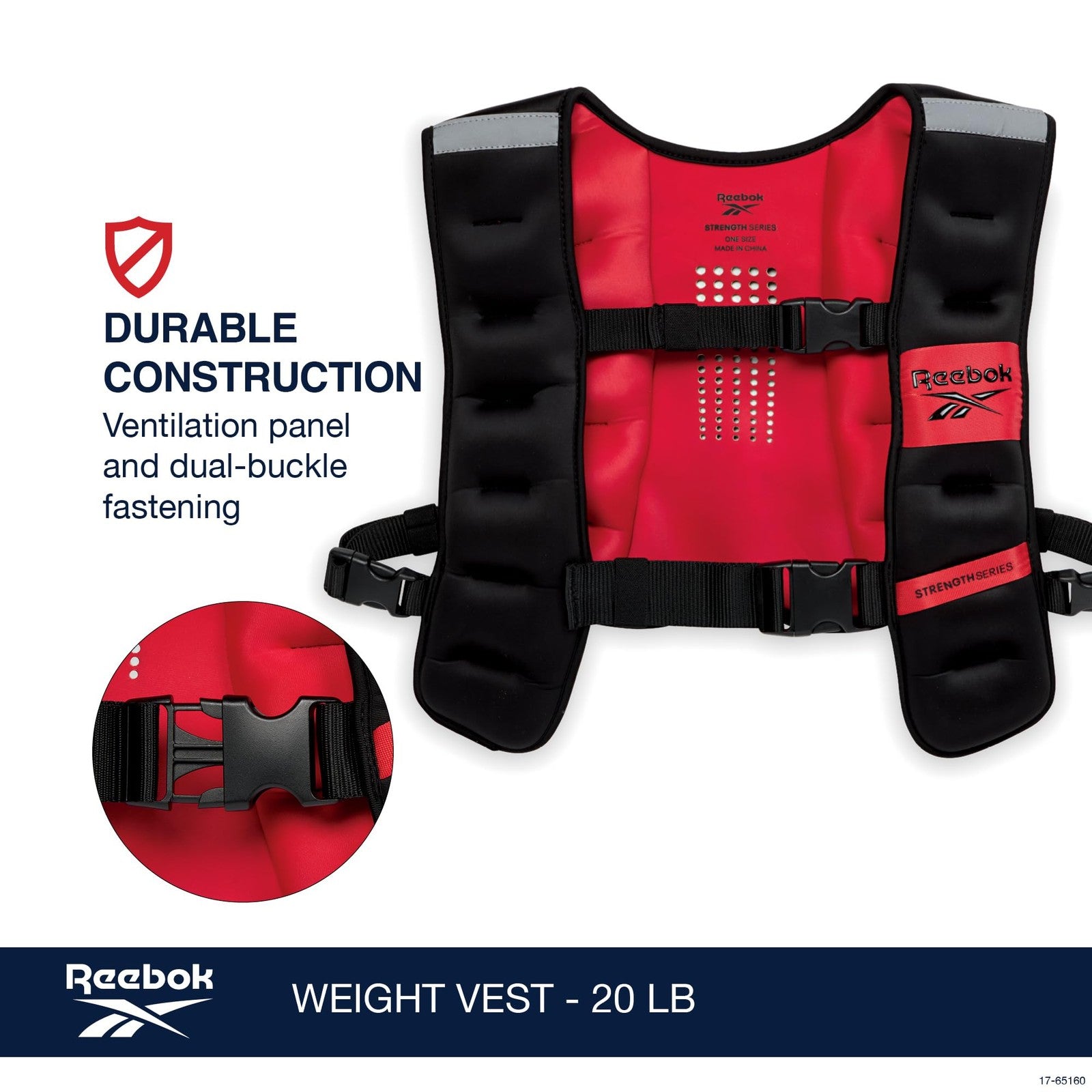 Reebok 20lb adjustable weighted vest for strength training and Crossfit, shown with padded straps and weight plates.