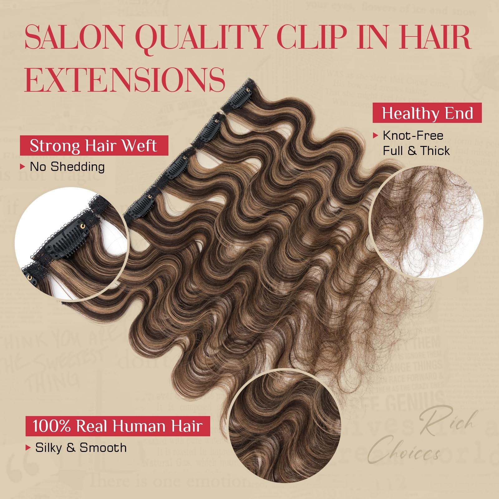 Rich Choices short clip-in hair extensions with wavy and curly real human hair, six-piece set shown in natural hair color.