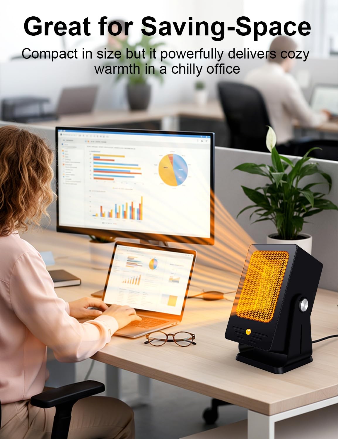Verminget space heater for indoor use, small desktop PTC heater with black body and heated grill, fast 2-second warm-up.