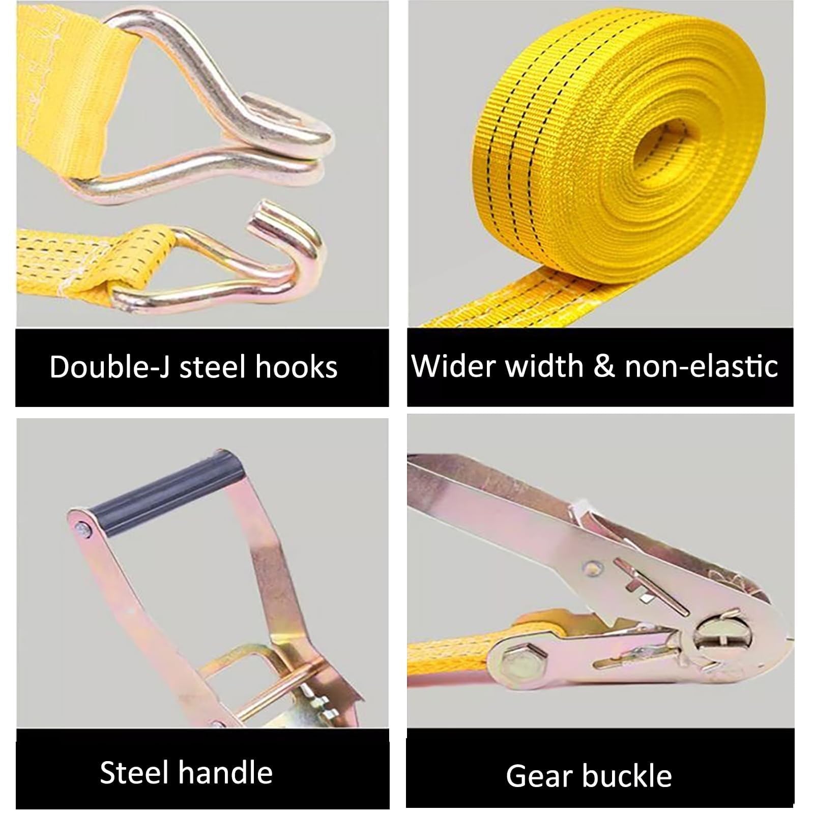 Heavy duty MNMAJE ratchet straps with 2-inch width and 8000 lbs break strength, featuring durable metal ratchets and reinforced straps.