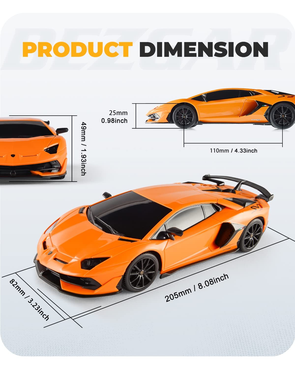 BEZGAR RC 124 Lamborghini toy car for kids, detailed remote control Lambo with realistic design and bright yellow color.
