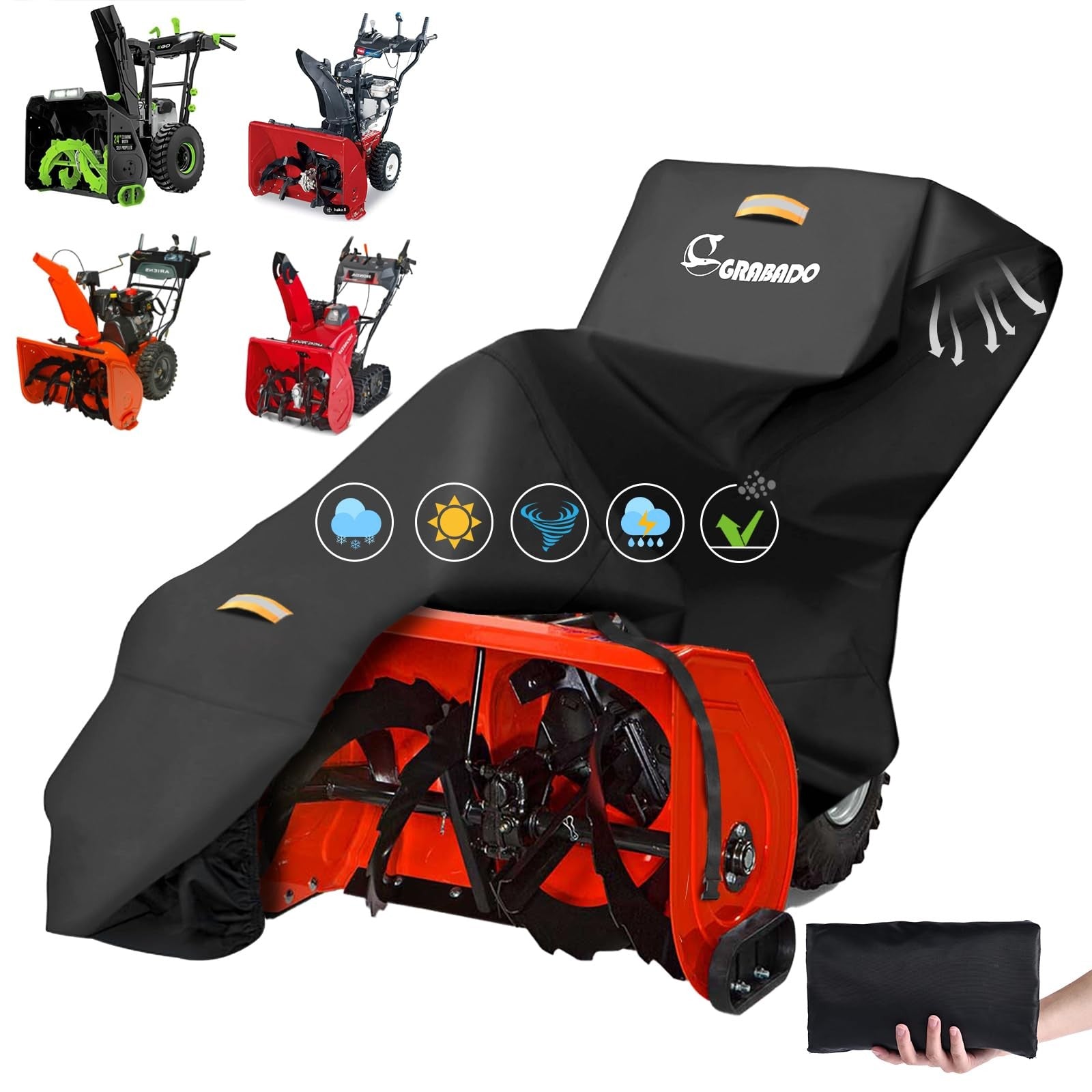 Heavy-duty GRABADO snow blower cover made of waterproof 840D material, designed for outdoor protection of snowblowers.