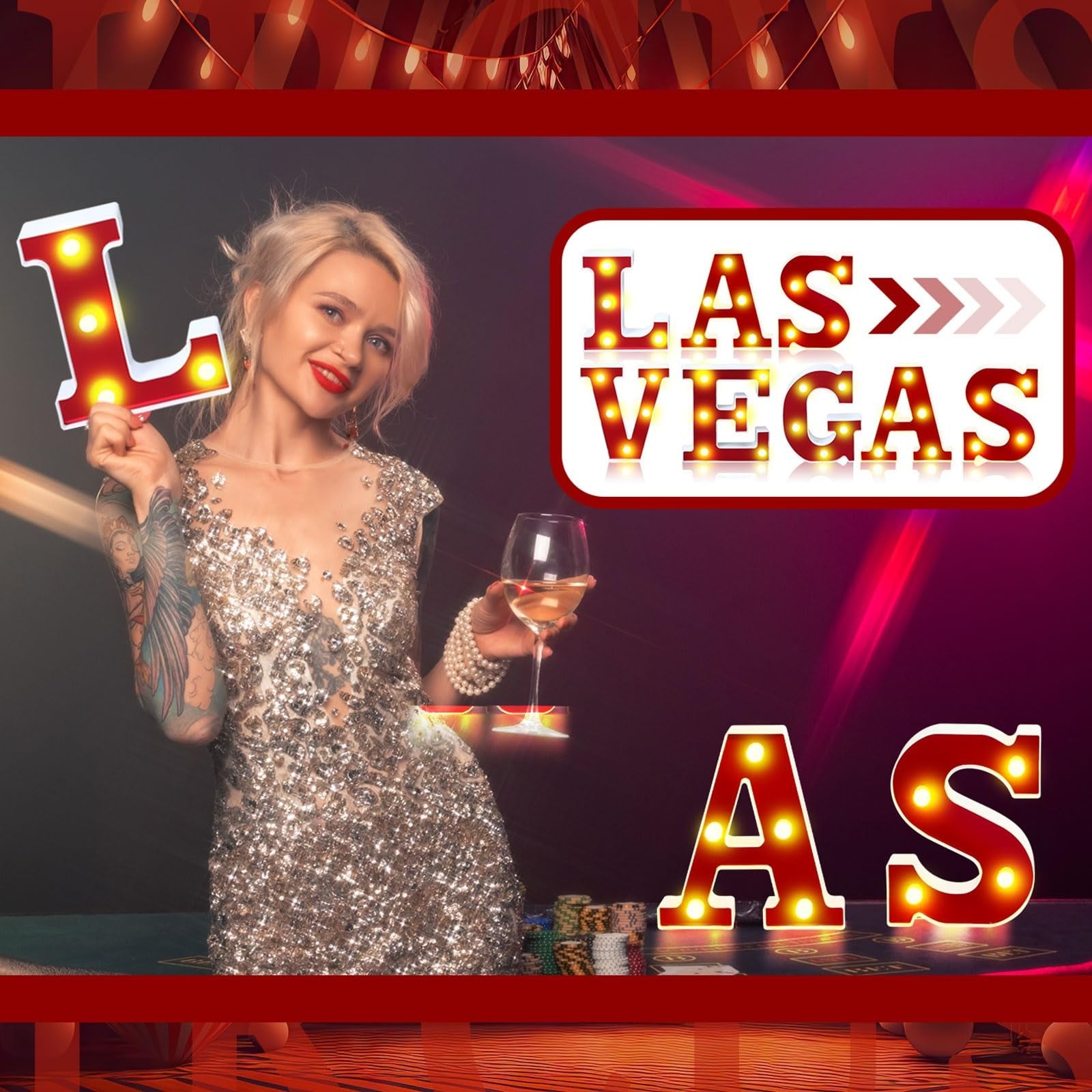 Aurelema Las Vegas 6.3-inch light-up letters sign with illuminated "Las Vegas" decoration for party decor, battery powered.
