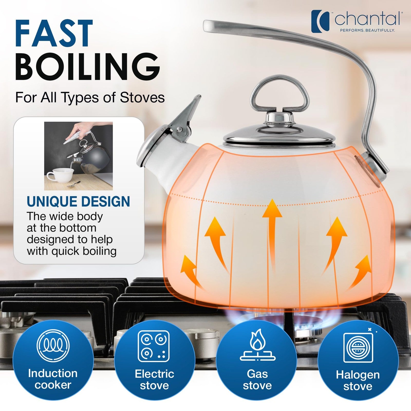 Chantal Classic 1.8 QT teakettle with enamel on steel body, two-tone harmonica whistle, in a natural kitchen setting