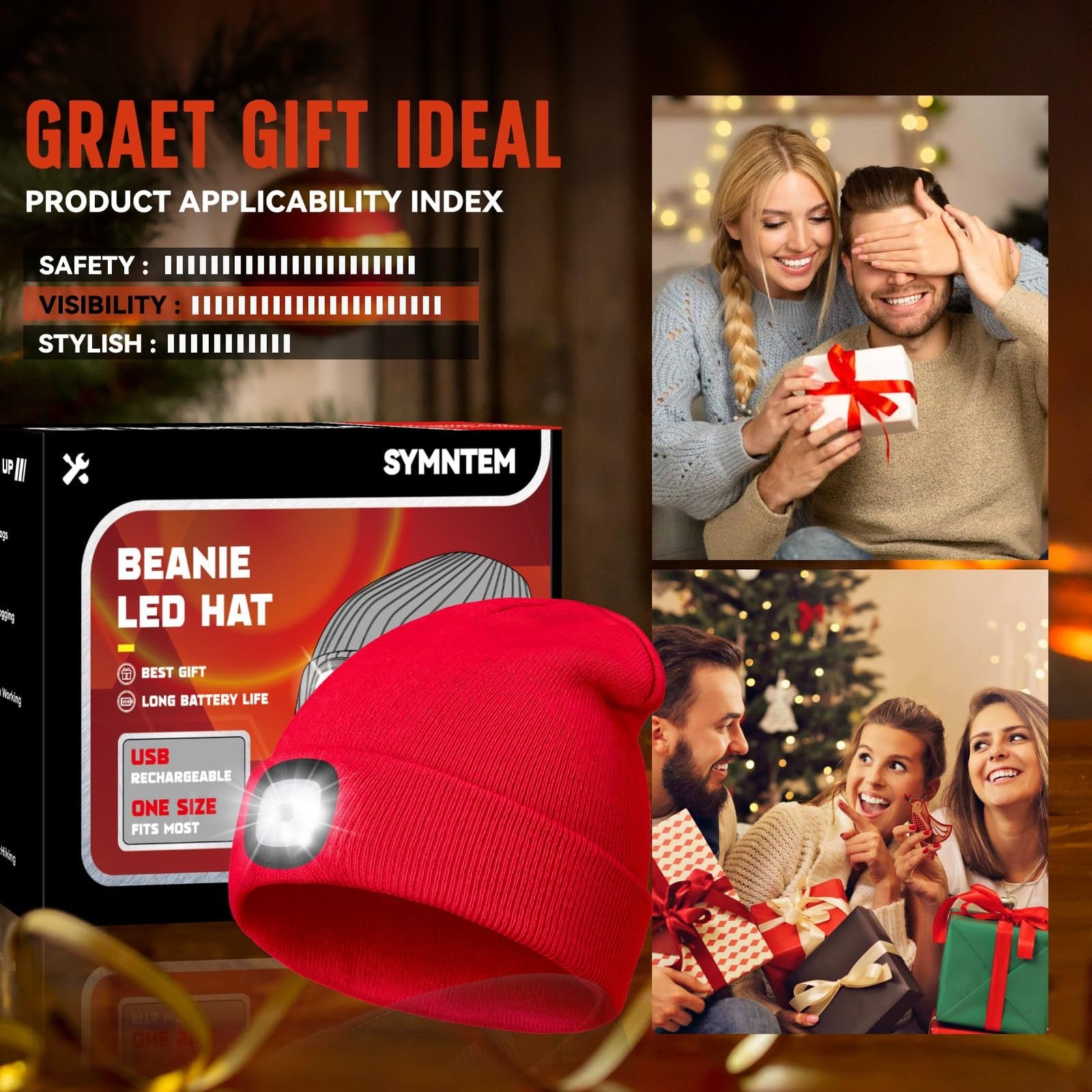 SYMNTEM unisex LED beanie hat with built-in rechargeable headlight, ideal for nighttime activities, featuring USB charging.