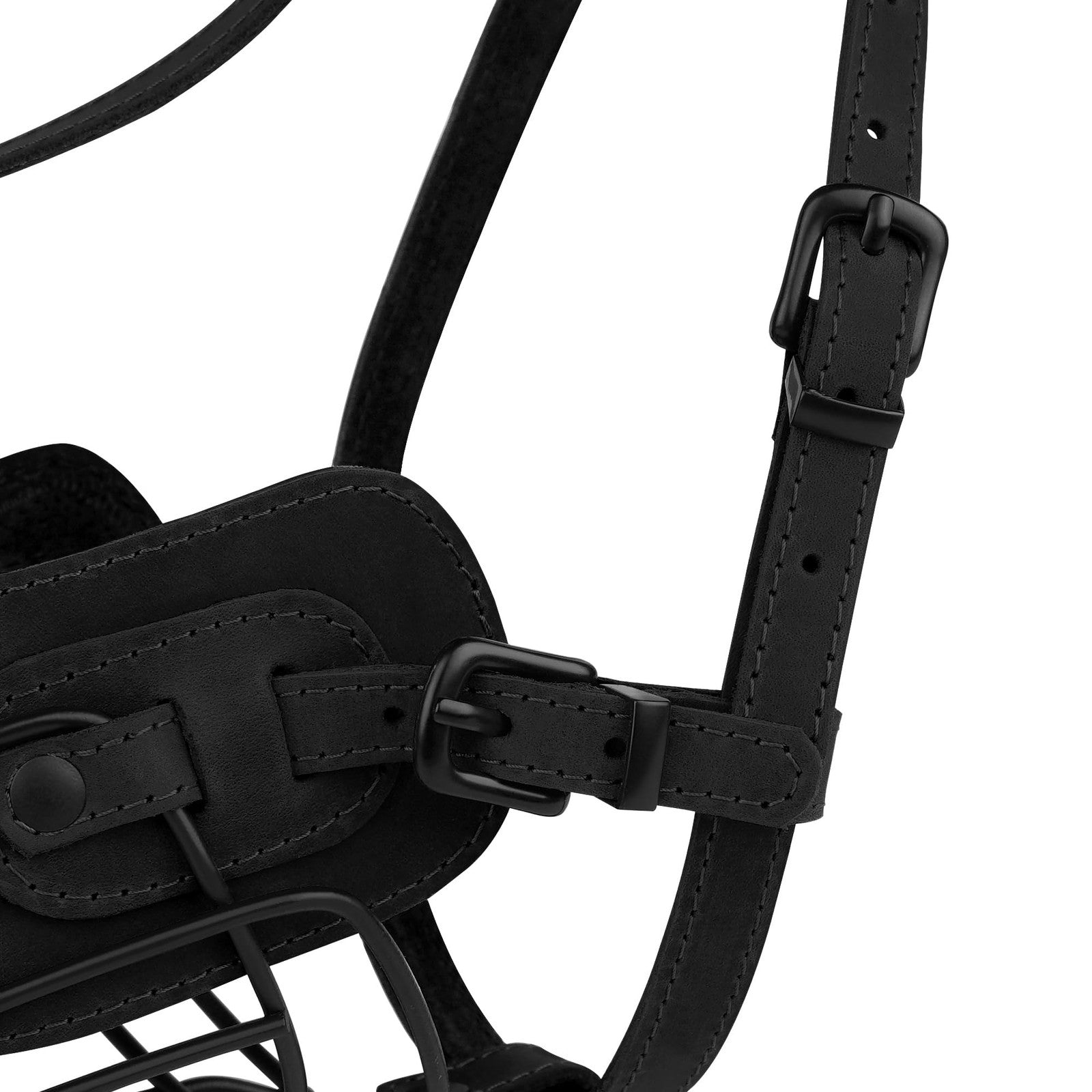 OOPSDOGGY metal Pitbull dog muzzle with reflective leather strap and secure wire basket for safety and control during walks.