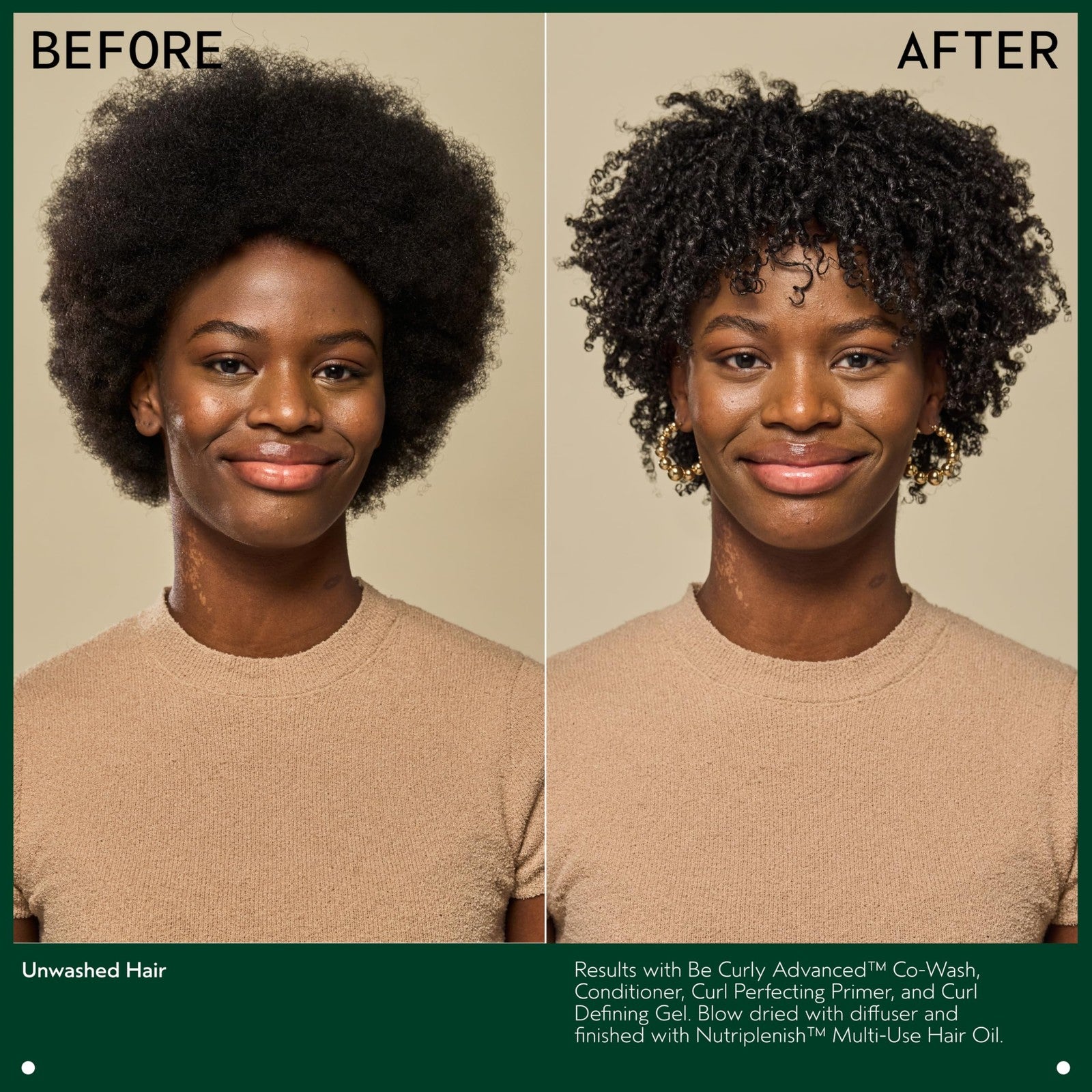 Aveda Be Curly Advanced Co-Wash bottle with curly hair in the background, highlighting hydrating and curl-enhancing benefits