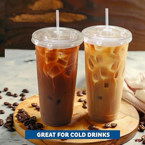 Freshware 24 oz clear disposable plastic cups with flat lids and straws, 100-pack, for beverages and parties