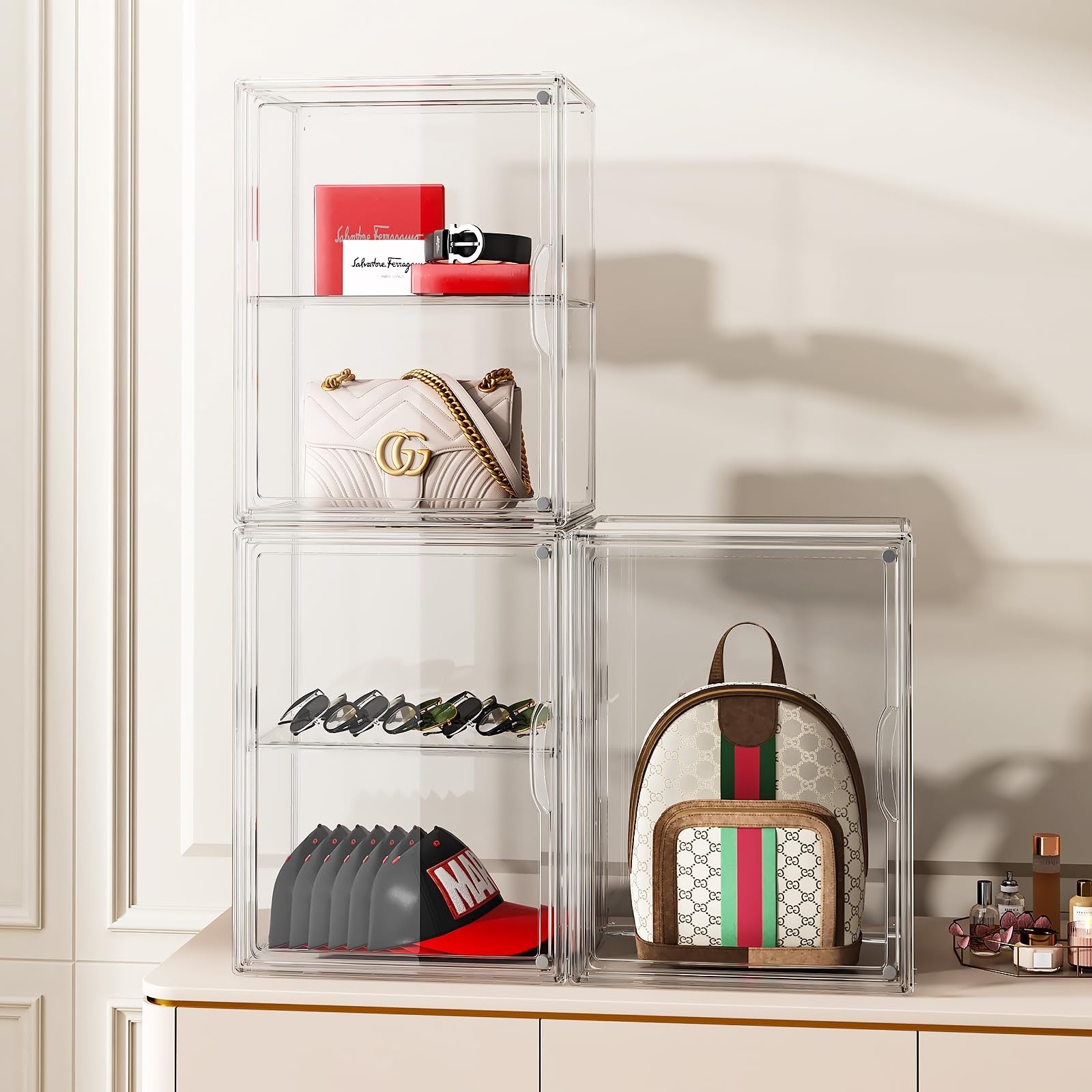 MSHOMELY clear purse storage organizers in a set of three, designed for closet handbag organization and easy visibility.