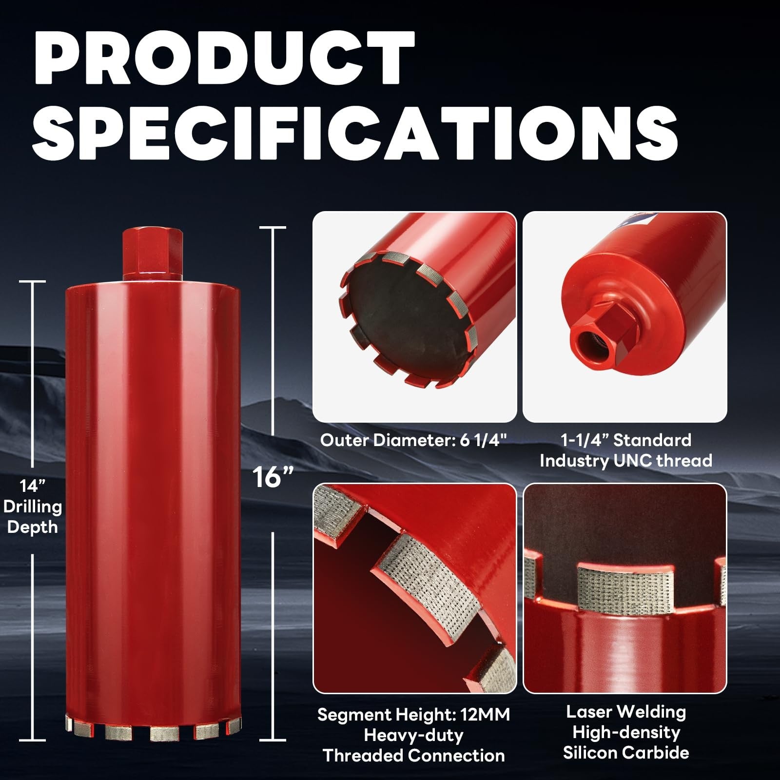 Daduori Premium 6-1/4 inch wet core drill bit for hard concrete with high-density diamond cutting edge, shown in use.
